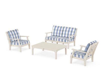Martha Stewart by POLYWOOD® Chinoiserie 4-Piece Deep Seating Set with Loveseat in Sand / Buffalo Plaid Sky Blue