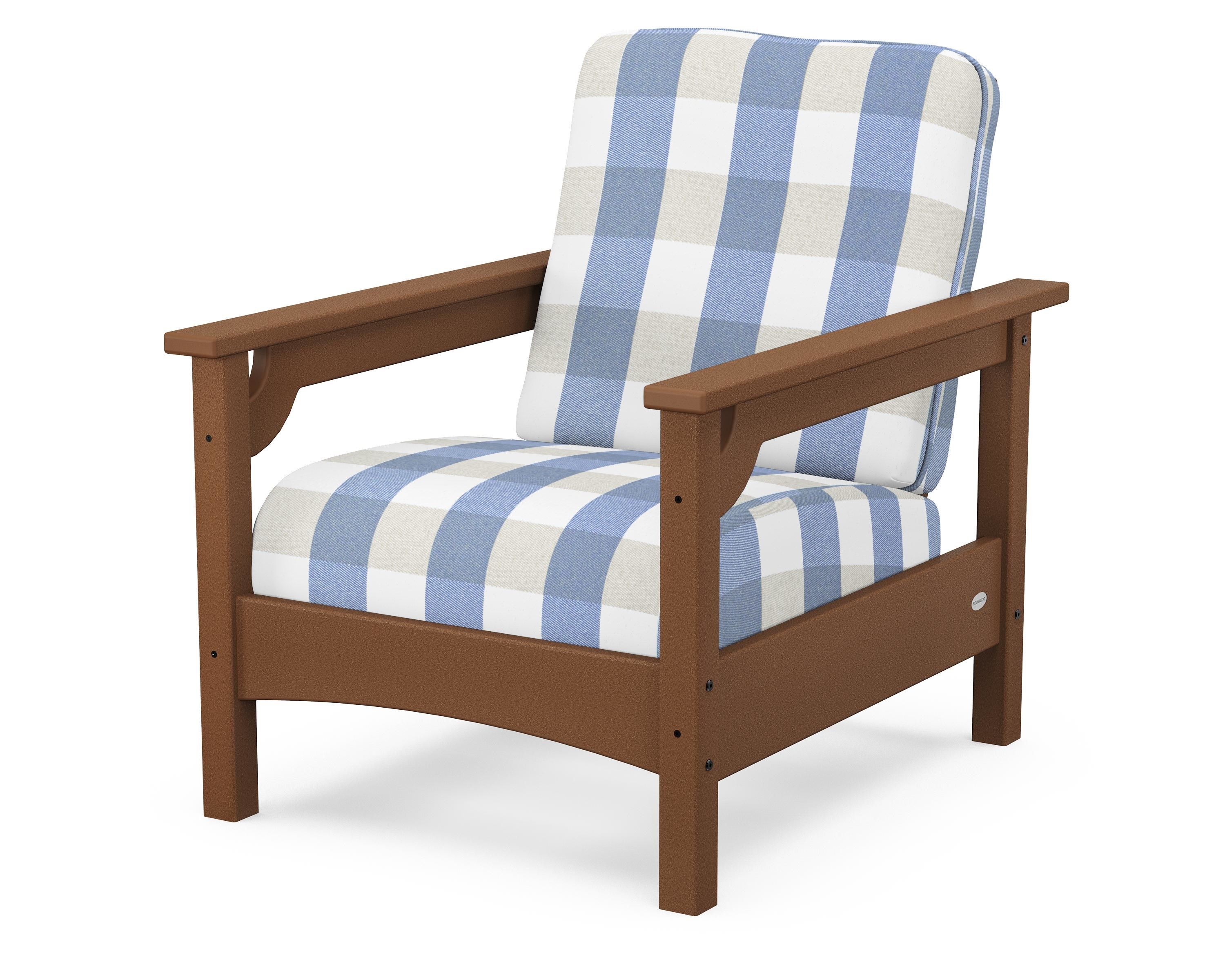 POLYWOOD® Club Chair in Teak / Buffalo Plaid Sky Blue