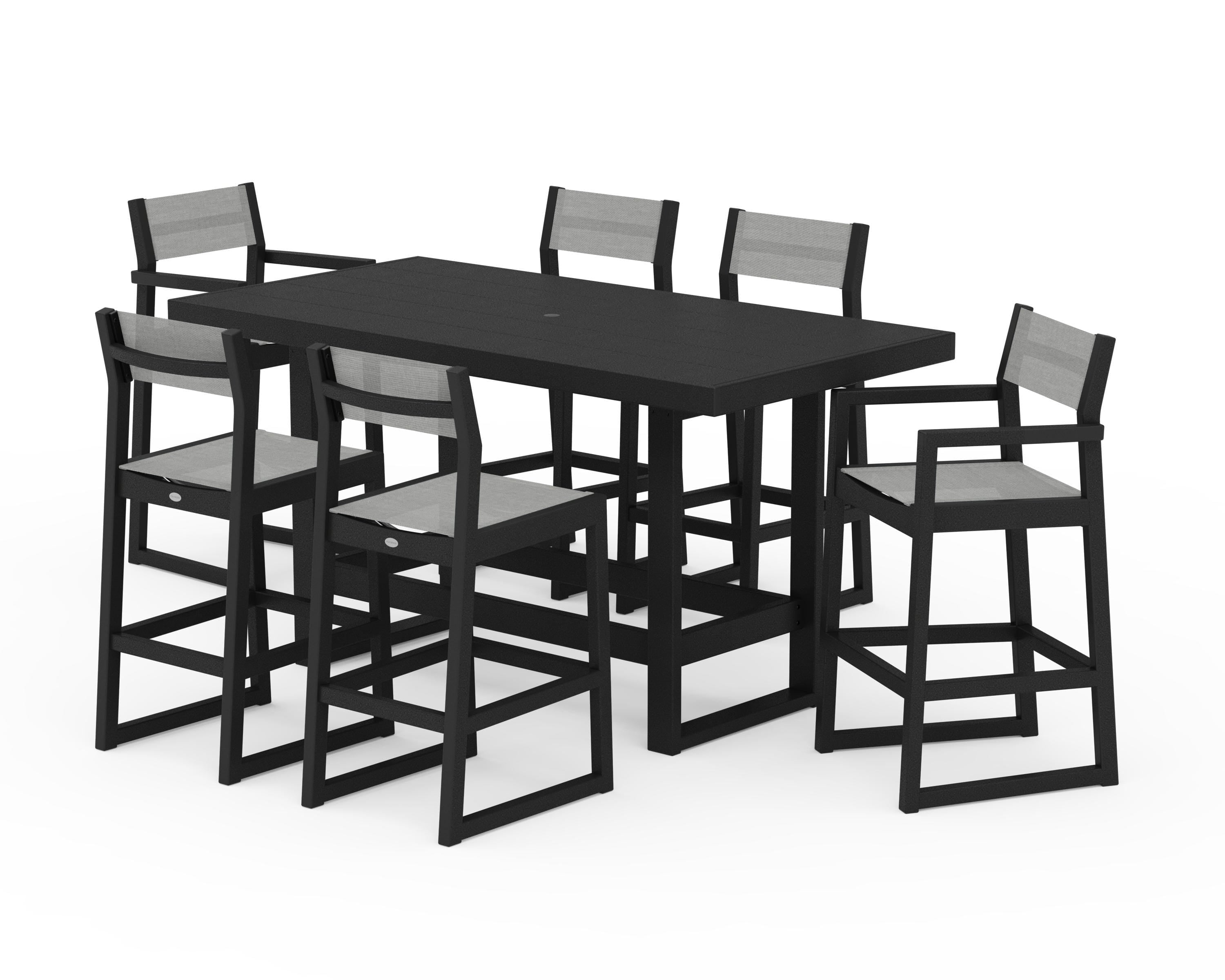 POLYWOOD® EDGE Sling 7-Piece Bar Table Set in Black / Metallic Sling