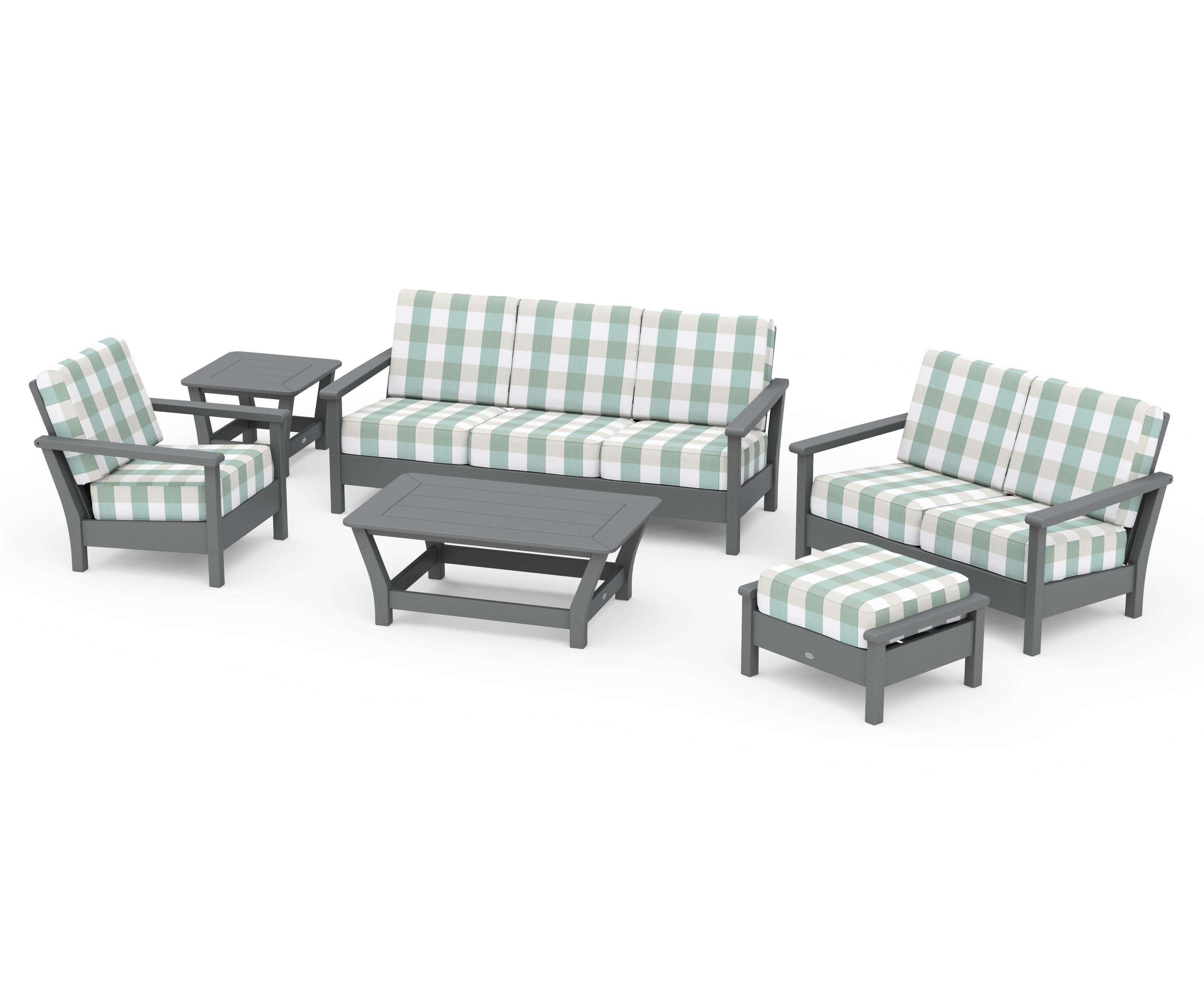 POLYWOOD® Harbour 6-Piece Outdoor Living Set in Slate Grey / Buffalo Plaid Glacier Spa