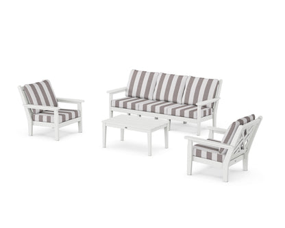 POLYWOOD® Chippendale 4-Piece Deep Seating Set with Sofa in White / Cabana Stripe Grey Mist