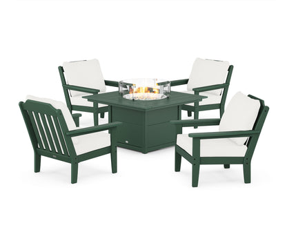 Country Living Cottage 5-Piece Deep Seating Set with Fire Pit Table in Green / Natural Linen