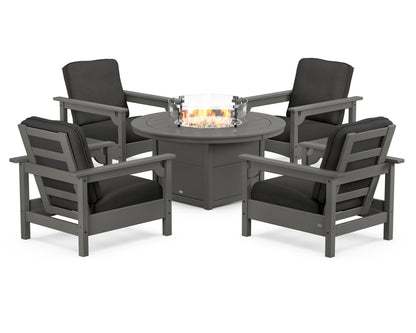 POLYWOOD® Club 5-Piece Conversation Set with Fire Pit Table in Slate Grey / Spectrum Carbon