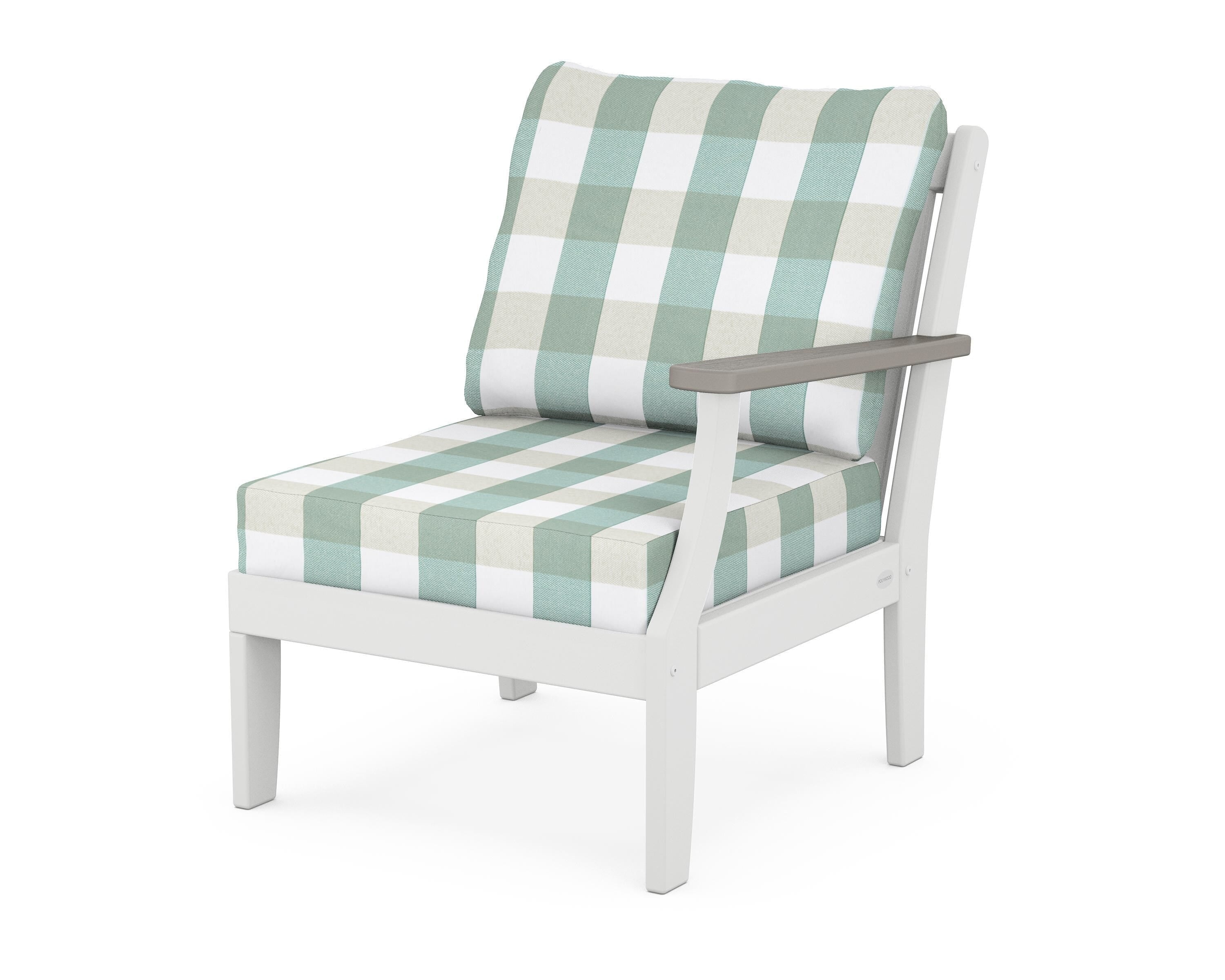 POLYWOOD® Braxton Modular Right Arm Chair in White / Driftwood / Buffalo Plaid Glacier Spa