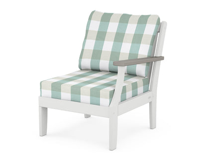 POLYWOOD® Braxton Modular Right Arm Chair in White / Driftwood / Buffalo Plaid Glacier Spa