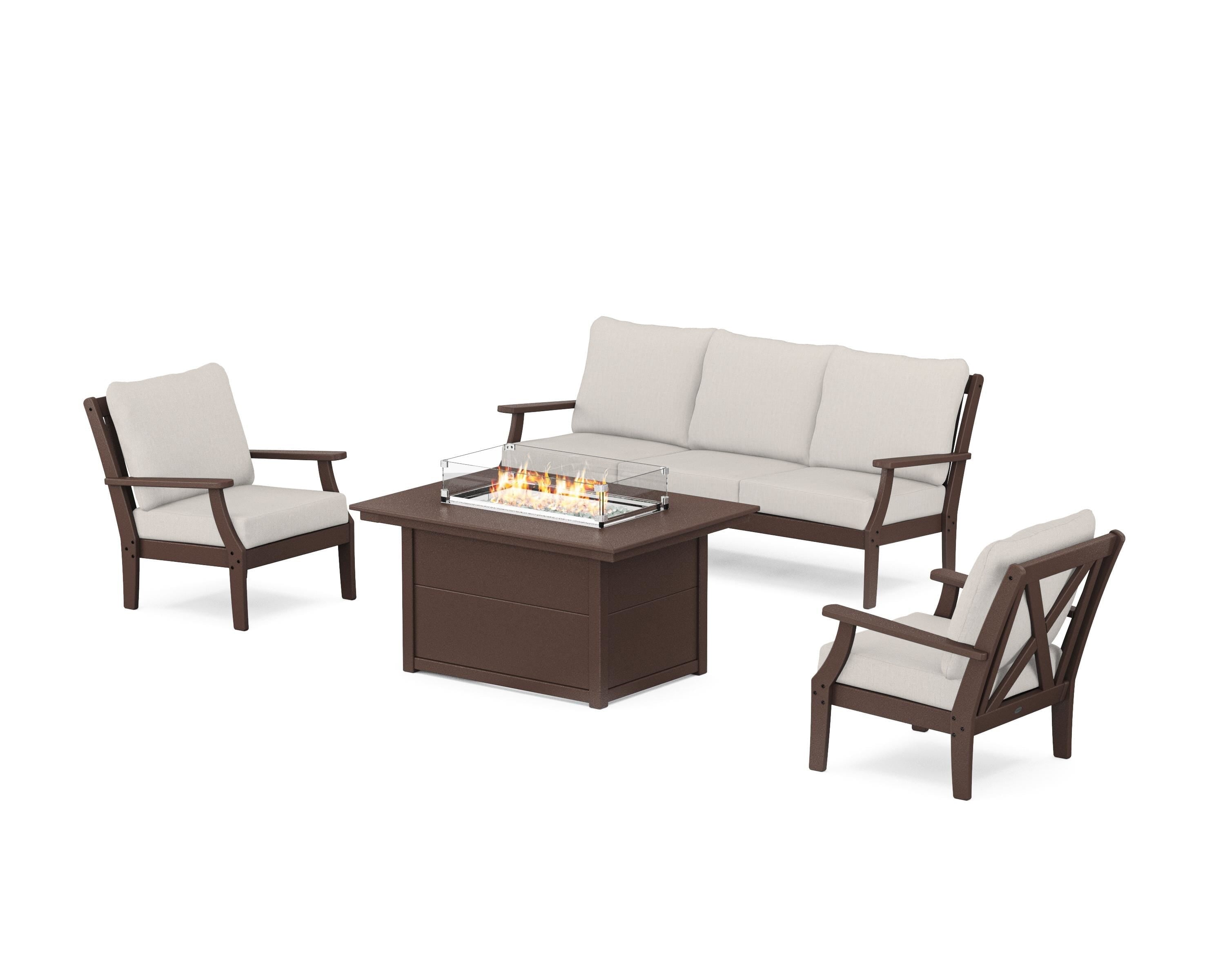 POLYWOOD® Braxton Deep Seating Fire Pit Table Set in Mahogany / Cast Ash