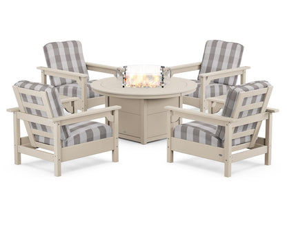 POLYWOOD® Club 5-Piece Conversation Set with Fire Pit Table in Sand / Buffalo Plaid Grey Mist