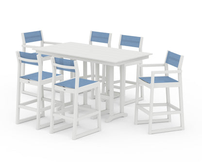 POLYWOOD® EDGE Sling 7-Piece Farmhouse Bar Set in White / Poolside Sling