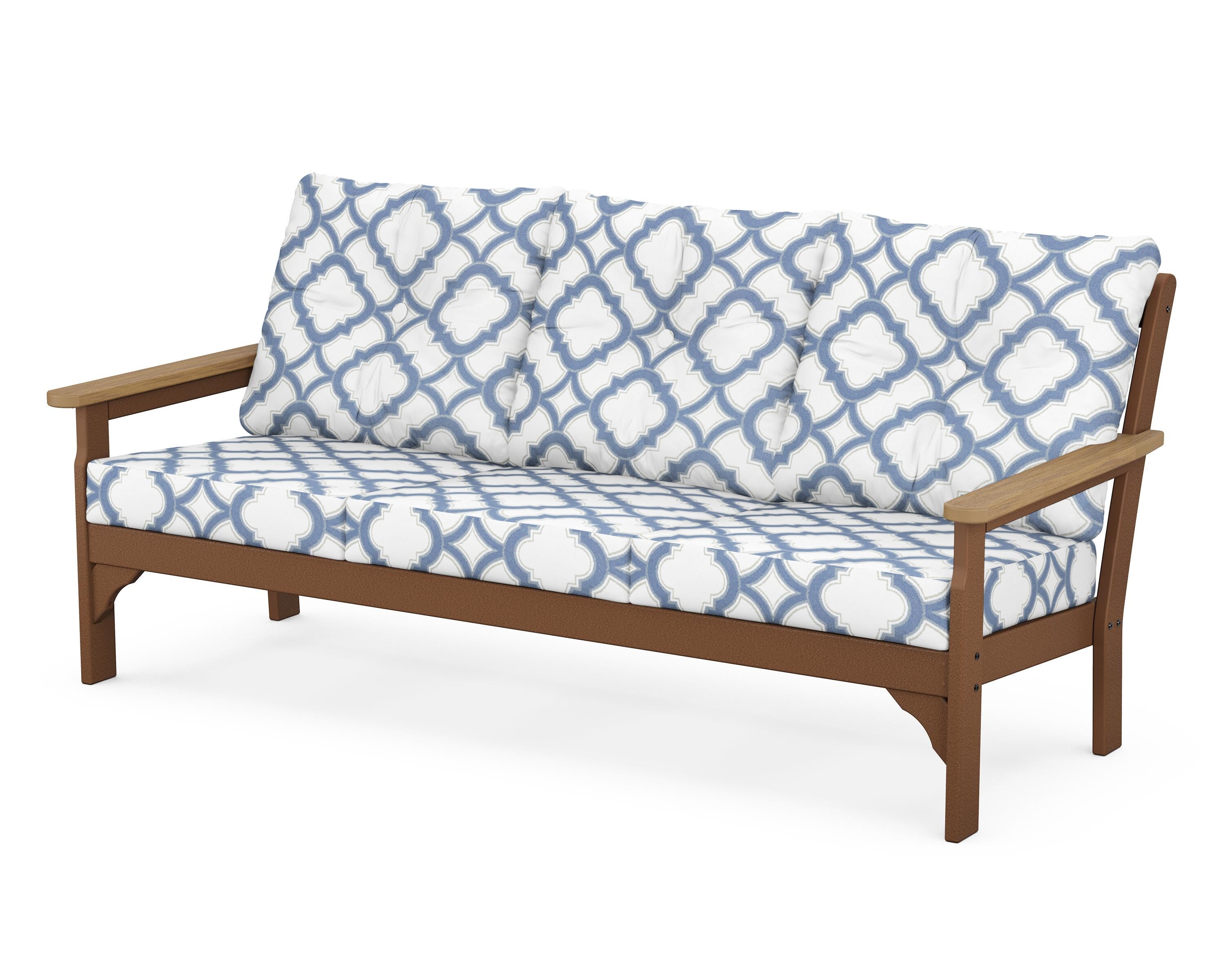 POLYWOOD® Vineyard Deep Seating Sofa in Teak / Natural / Trellis Sky Blue