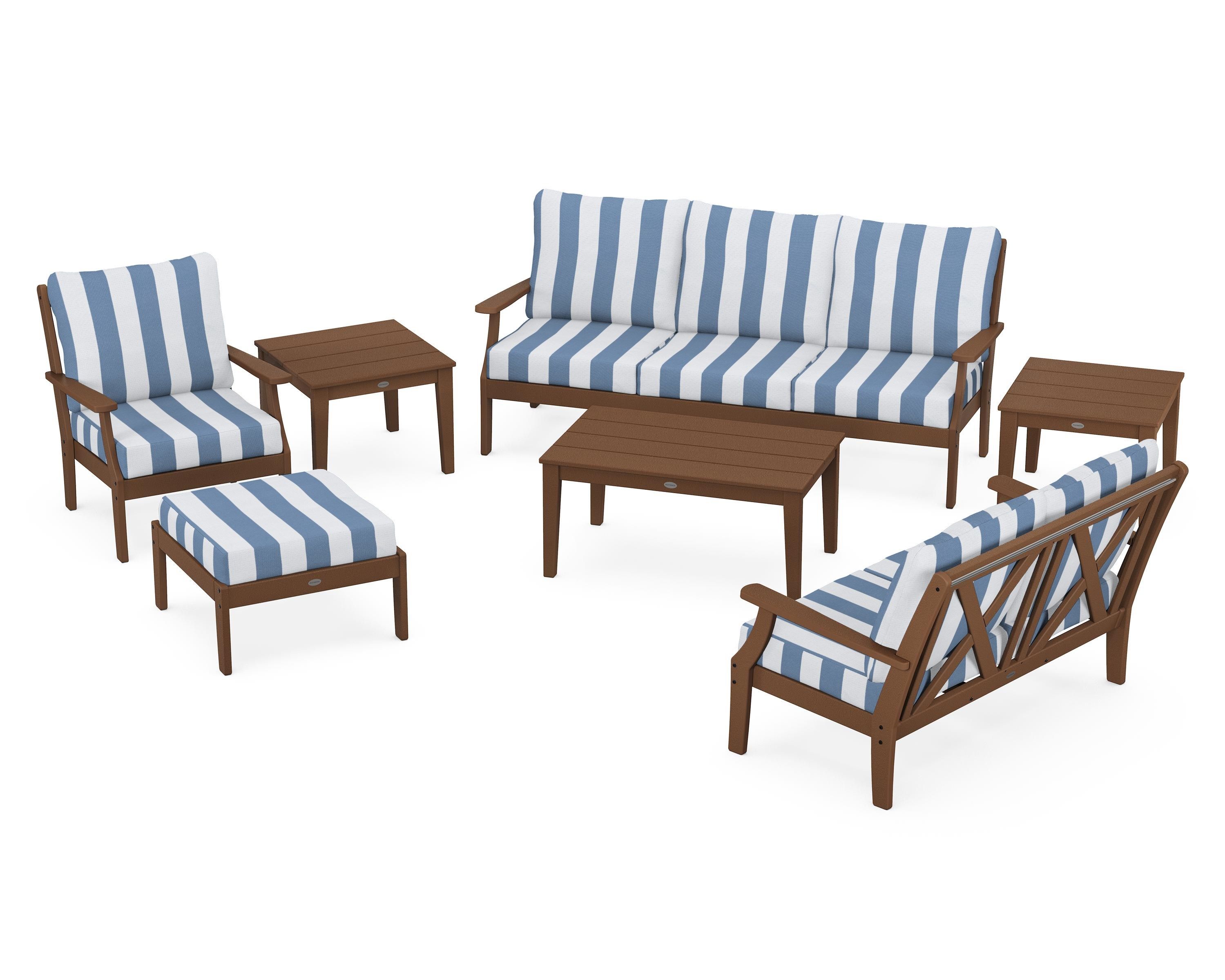 POLYWOOD® Braxton 7-Piece Deep Seating Set in Teak / Cabana Stripe Sky Blue