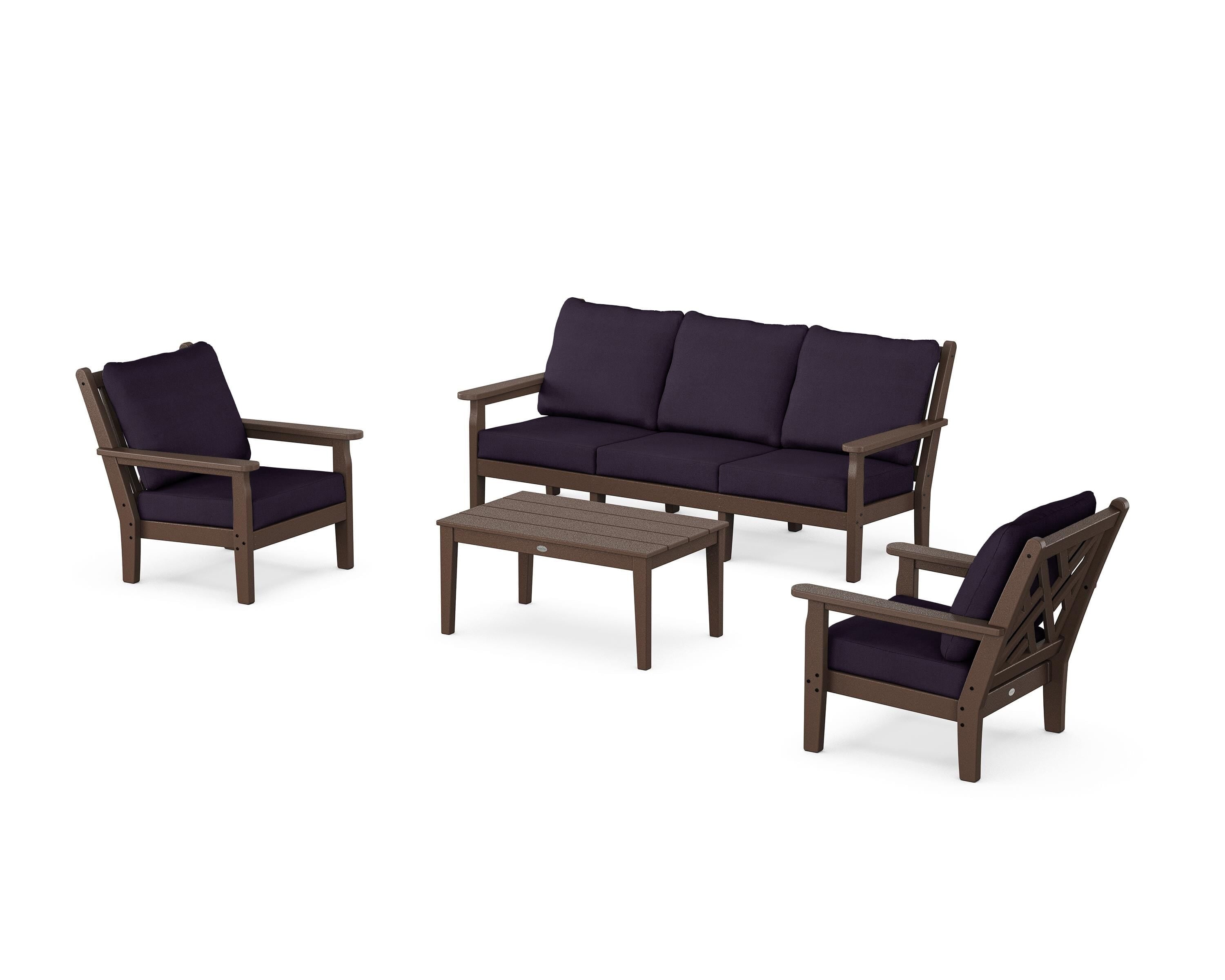 POLYWOOD® Chippendale 4-Piece Deep Seating Set with Sofa in Mahogany / Navy Linen