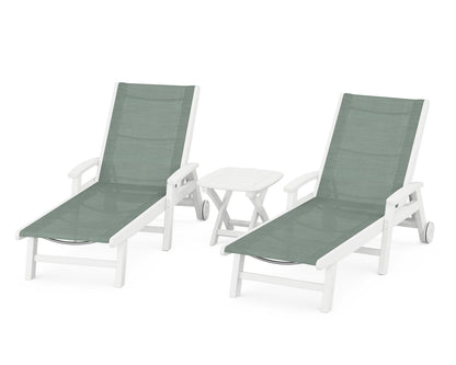 POLYWOOD® Coastal 3-Piece Wheeled Chaise Set in White / Dupioni Sea Mist Sling