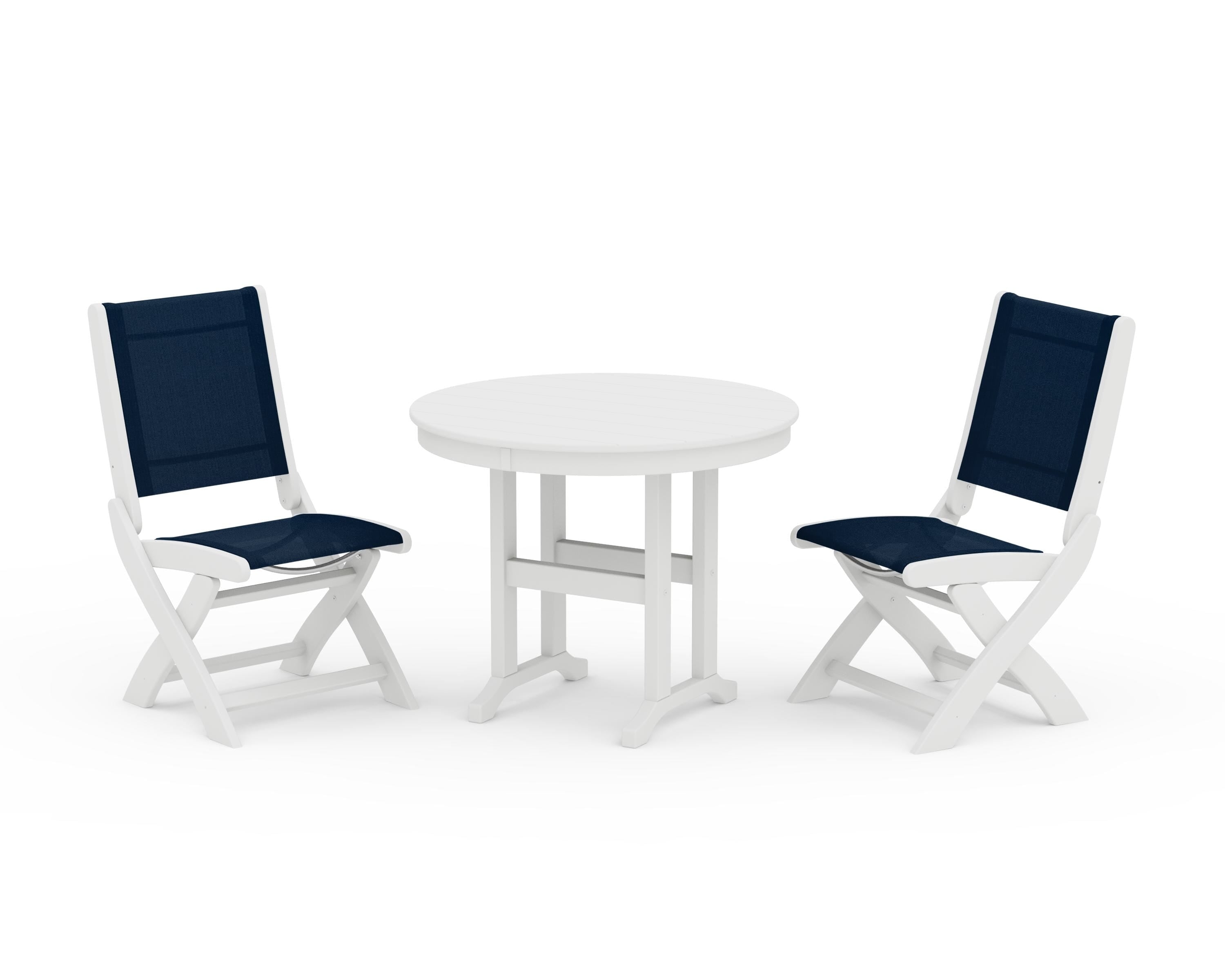 POLYWOOD® Coastal Folding Side Chair 3-Piece Round Dining Set in White / Navy Blue Sling