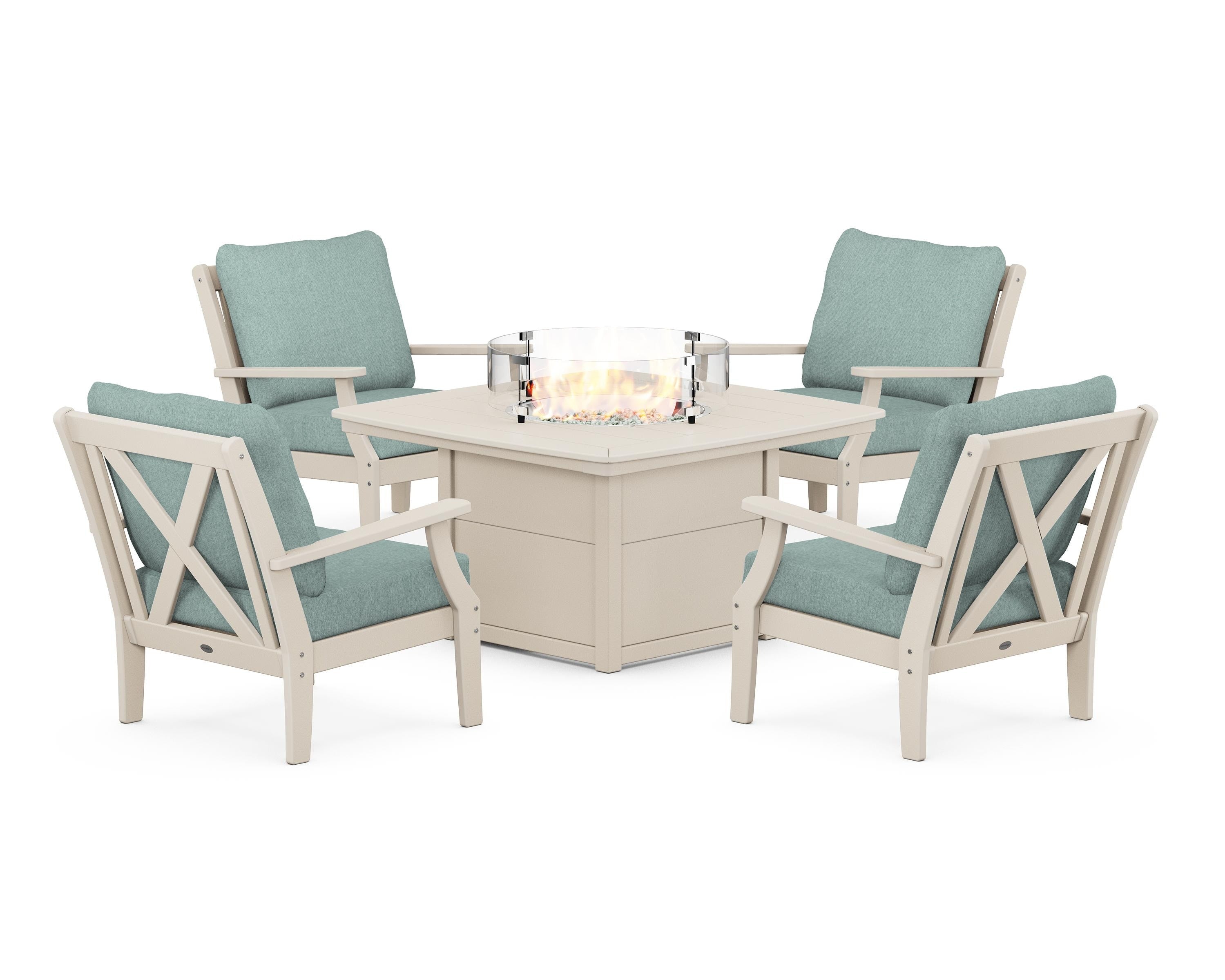 POLYWOOD® Braxton 5-Piece Deep Seating Conversation Set with Fire Pit Table in Sand / Glacier Spa