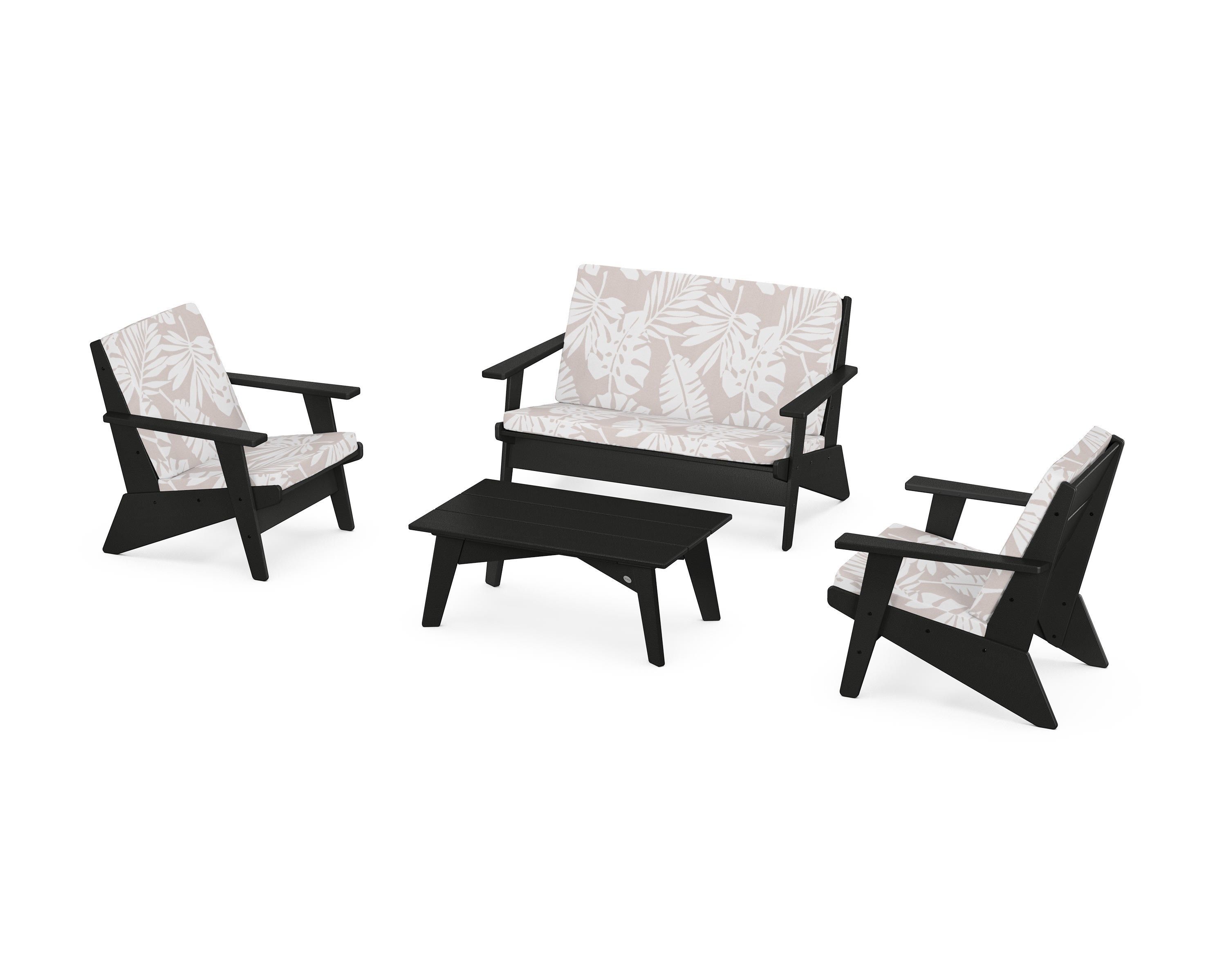 POLYWOOD® Riviera Modern Lounge 4-Piece Set in Black / Leaf Dune Burlap
