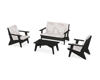 POLYWOOD® Riviera Modern Lounge 4-Piece Set in Black / Leaf Dune Burlap