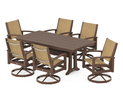 POLYWOOD® 7 Piece Coastal Swivel Rocker Dining Set in Satin Mahogany / Mahogany / Burlap Sling