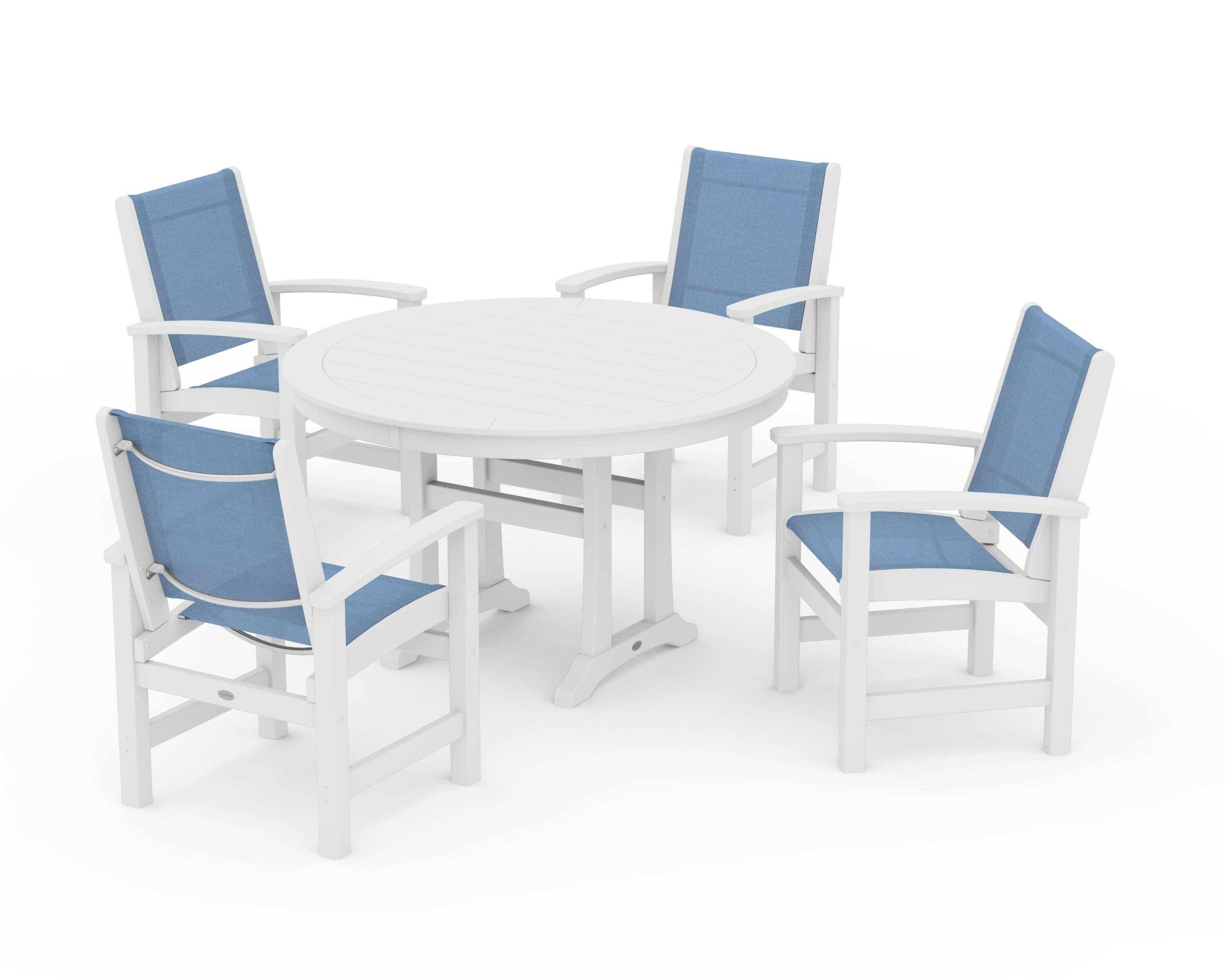 POLYWOOD® Coastal 5-Piece Round Dining Set with Trestle Legs in White / Poolside Sling