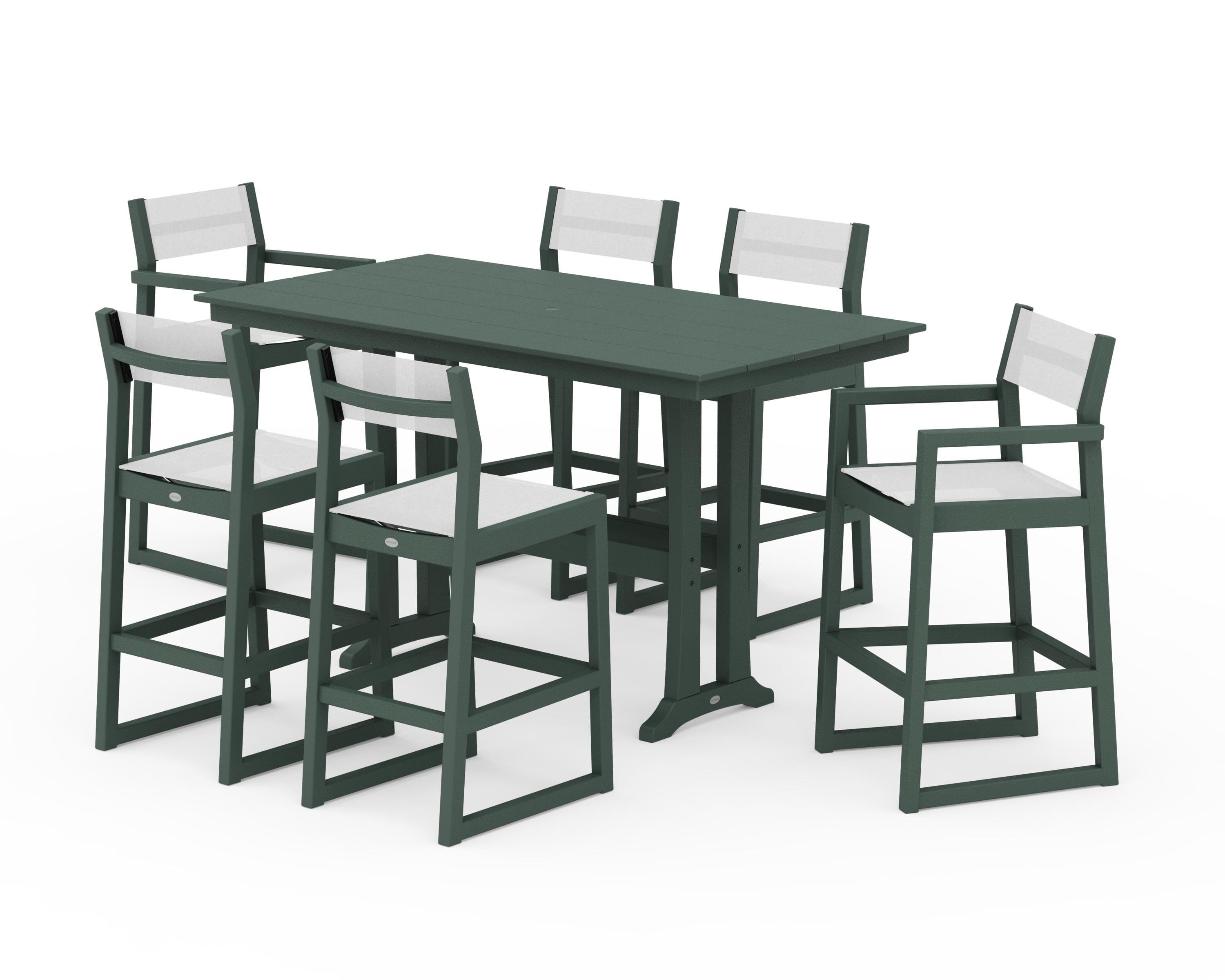 POLYWOOD® EDGE Sling 7-Piece Farmhouse Bar Set with Trestle Legs in Green / White Sling