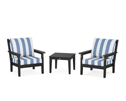 POLYWOOD® Chippendale 3-Piece Deep Seating Set in Black / Cabana Stripe Sky Blue