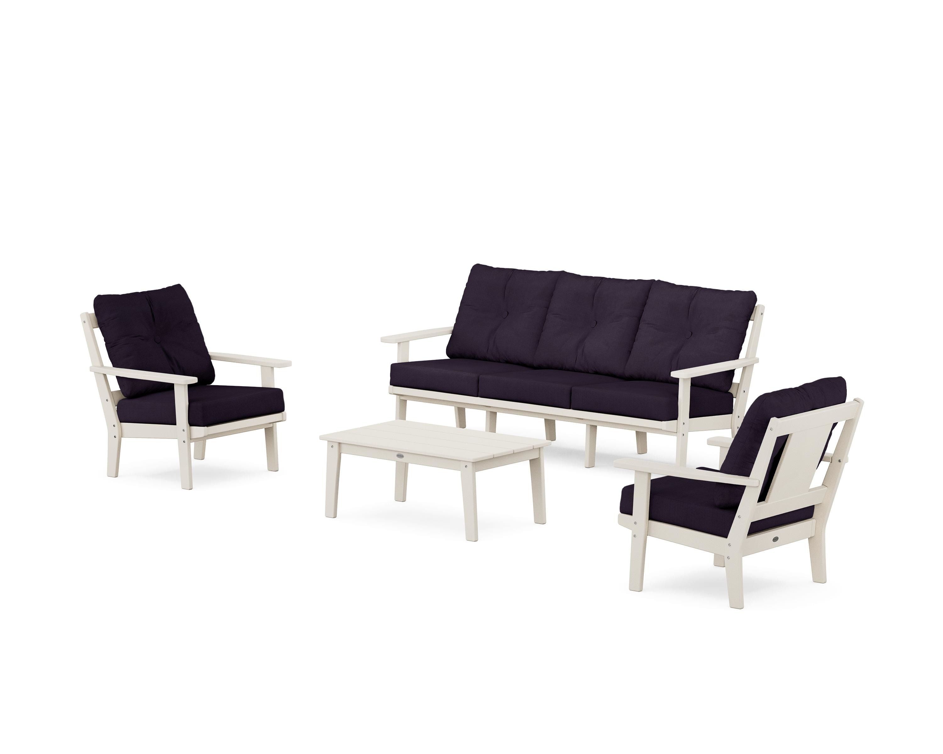 POLYWOOD® Prairie 4-Piece Deep Seating Set with Sofa in Sand / Navy Linen