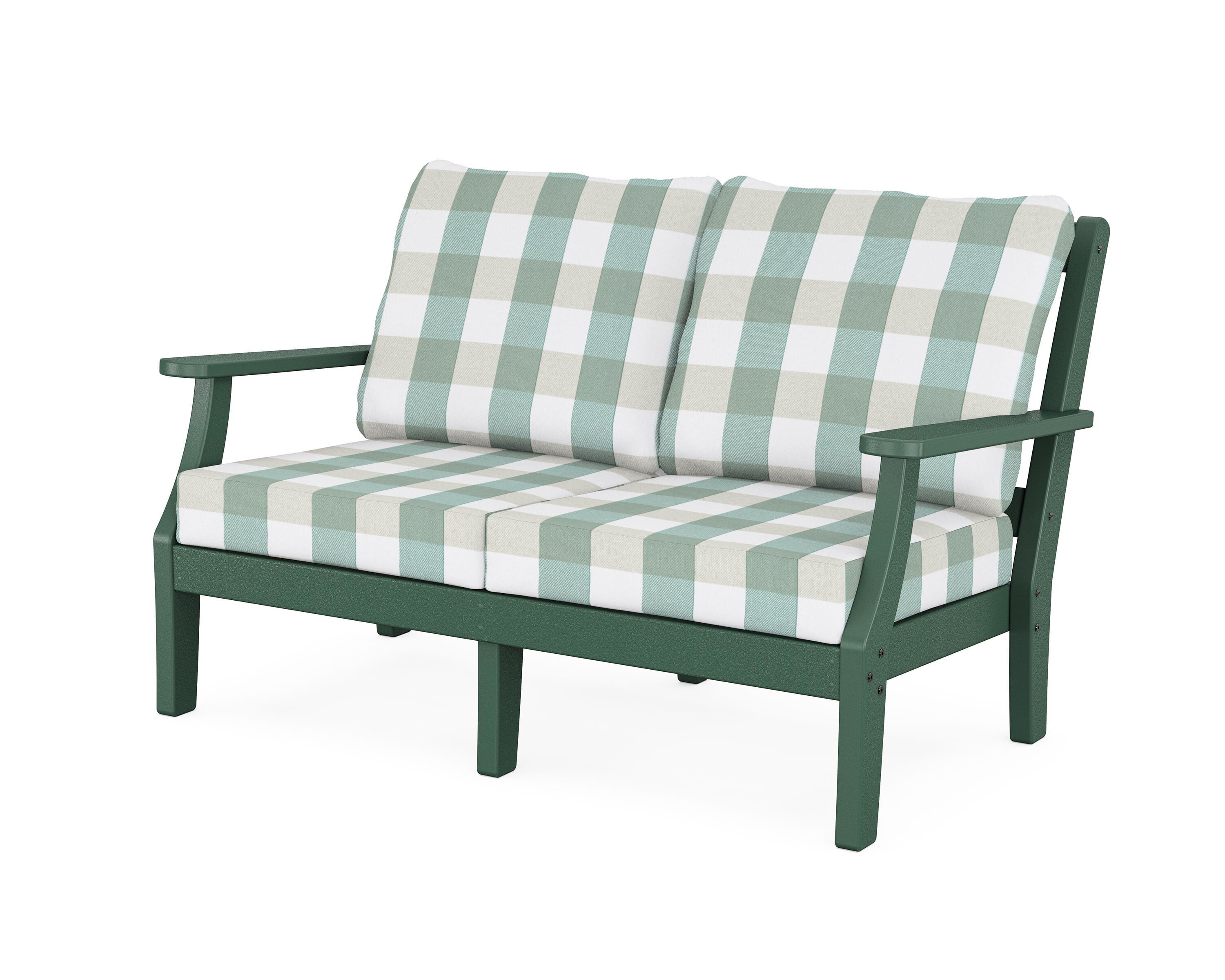 Martha Stewart by POLYWOOD® Chinoiserie Deep Seating Loveseat in Green / Buffalo Plaid Glacier Spa