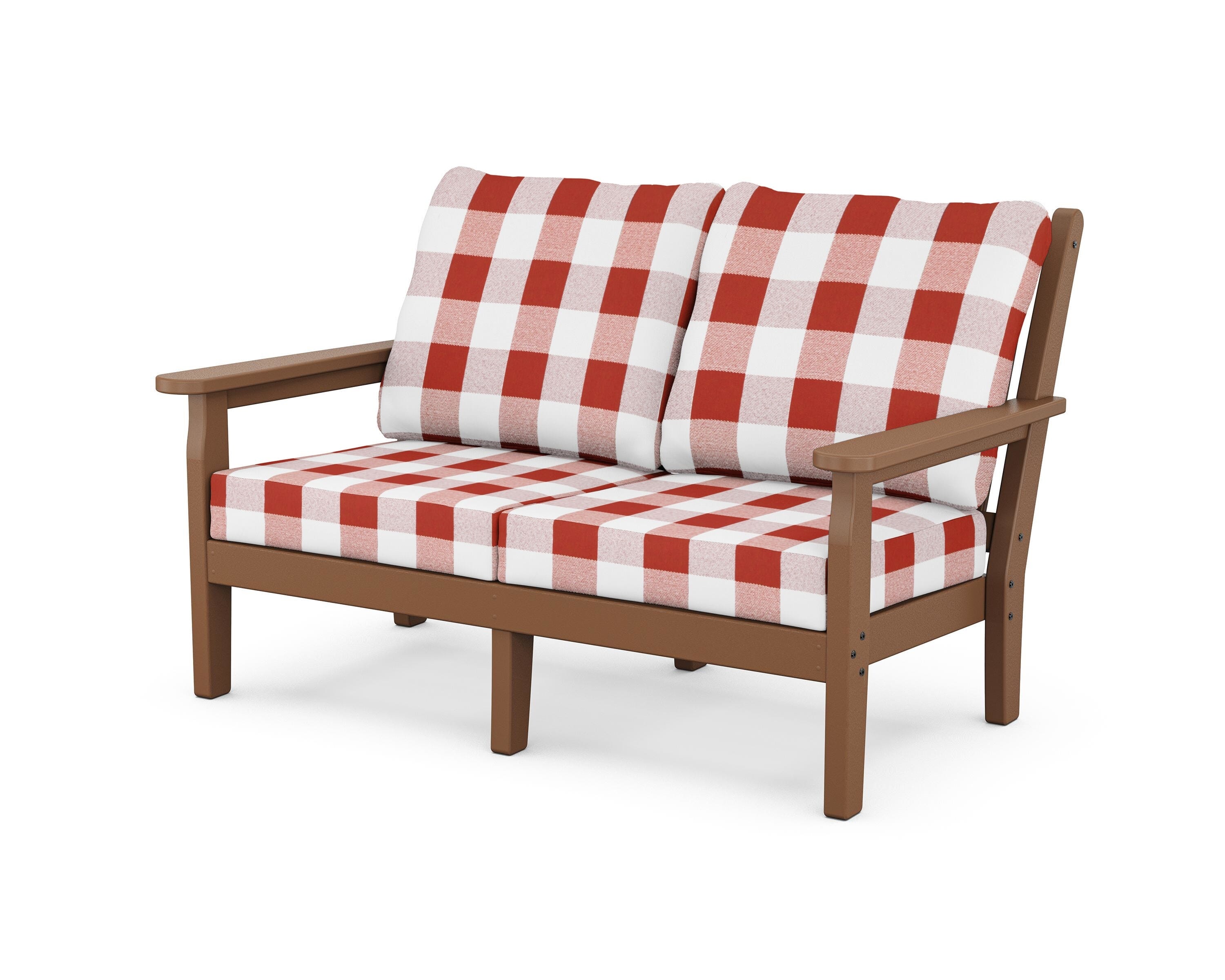 POLYWOOD® Chippendale Deep Seating Loveseat in Teak / Buffalo Plaid Crimson