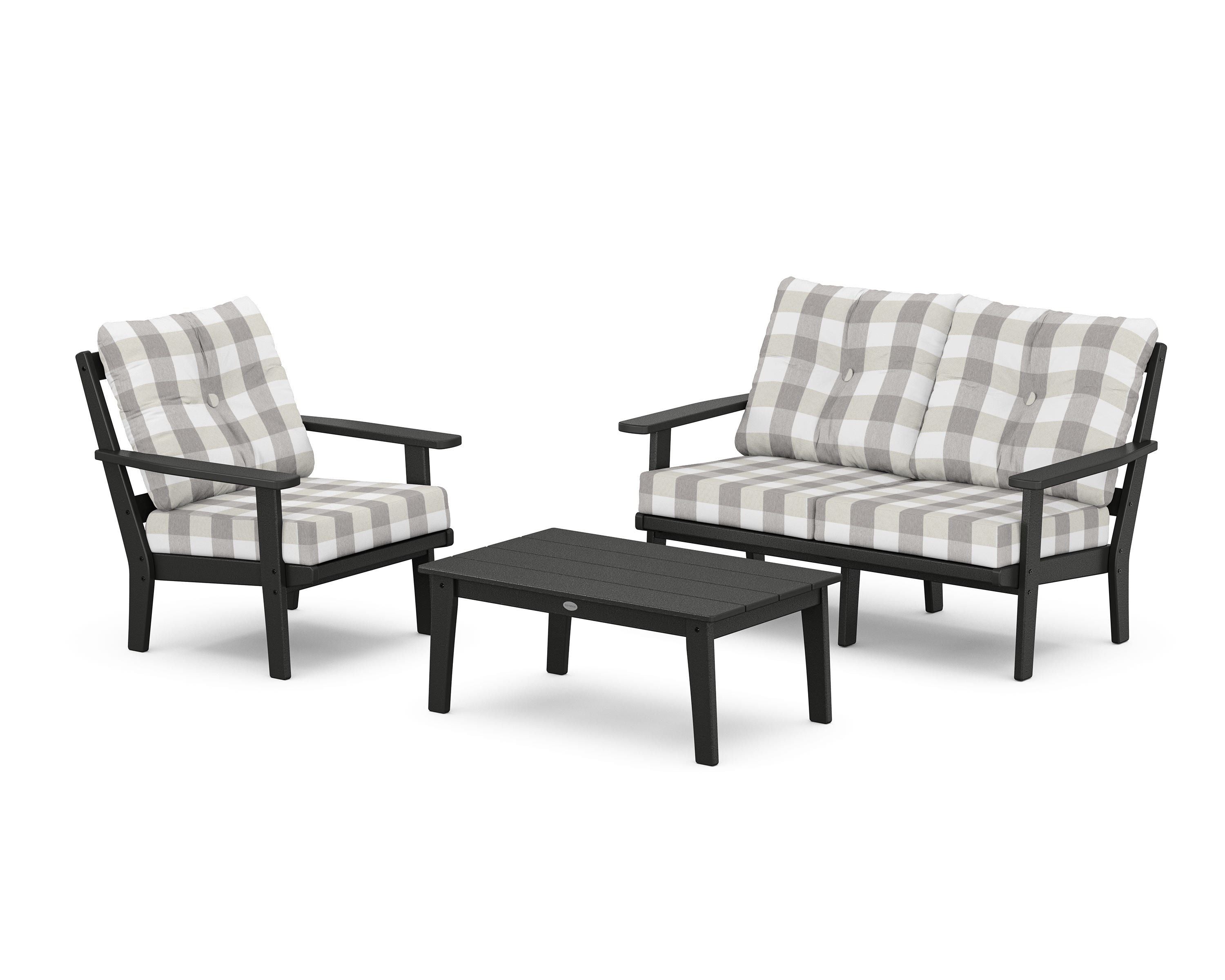 POLYWOOD® Oxford 3-Piece Deep Seating Set with Loveseat in Black / Buffalo Plaid Grey Mist