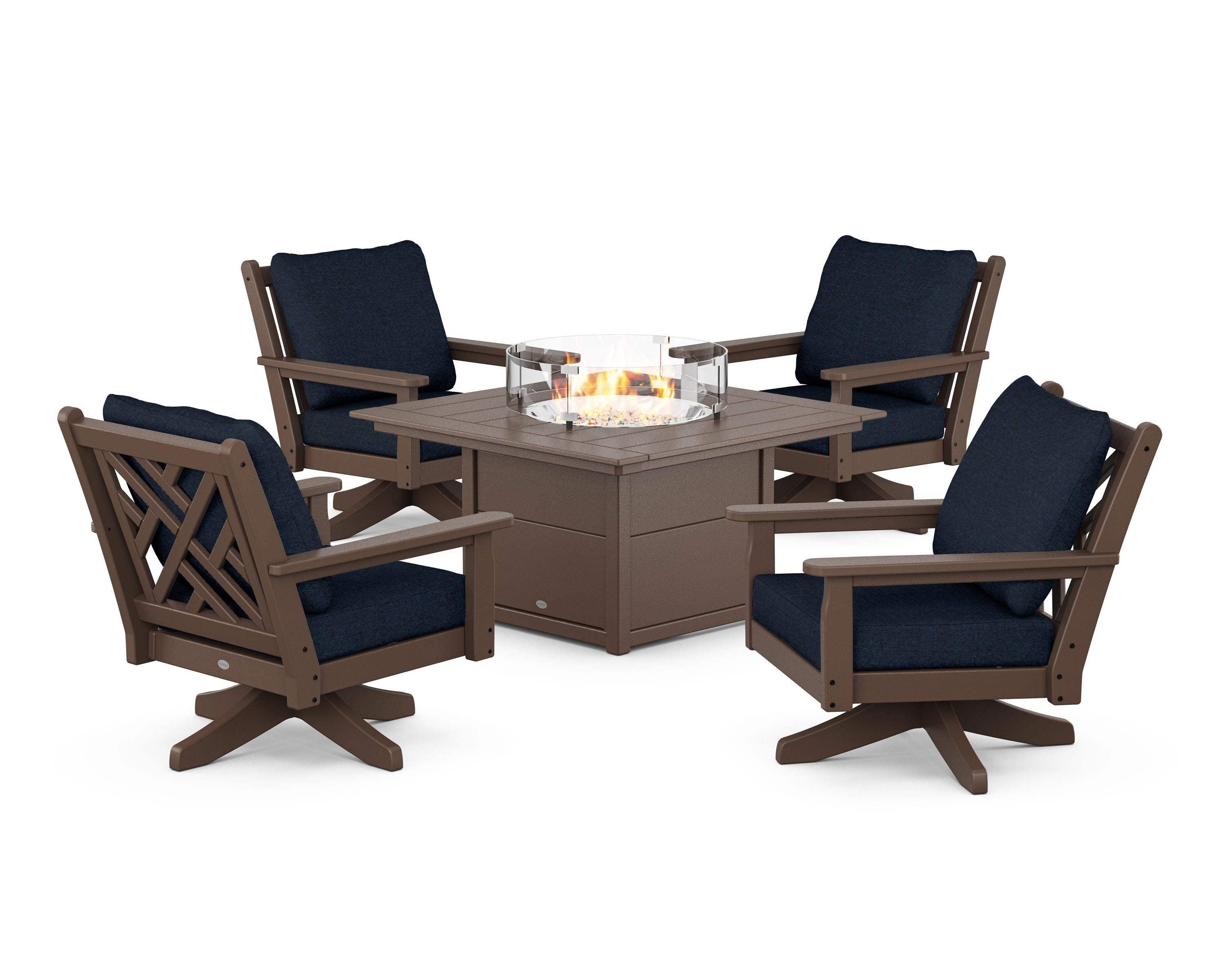 POLYWOOD® Chippendale 5-Piece Deep Seating Swivel Conversation Set with Fire Pit Table in Mahogany / Marine Indigo