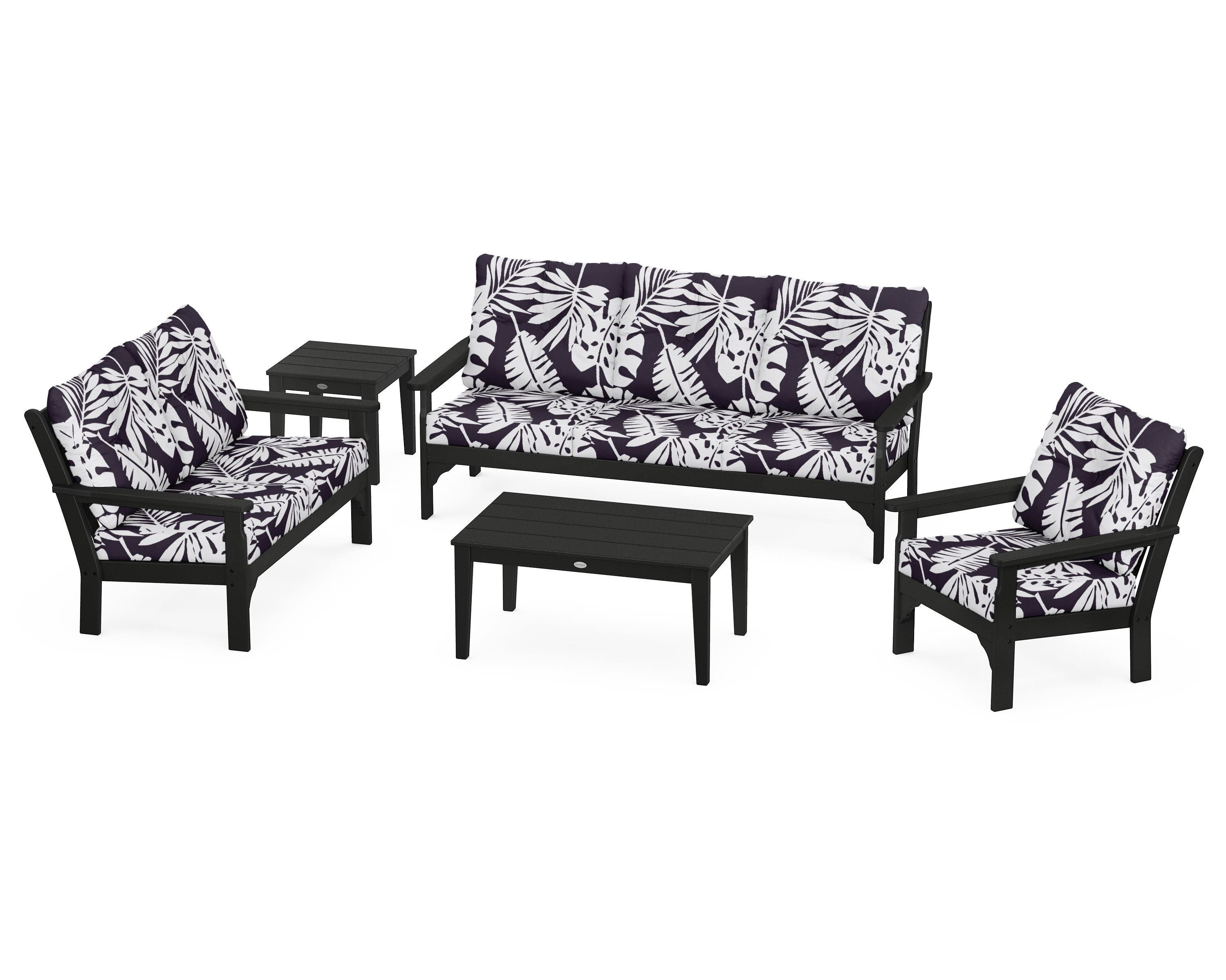 POLYWOOD® Vineyard 5 Piece Deep Seating Set in Black / Leaf Navy