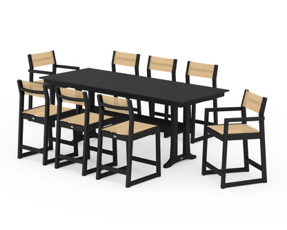 POLYWOOD® EDGE Sling 9-Piece Farmhouse Counter Set with Trestle Legs in Black / Dupioni Apricot Sling