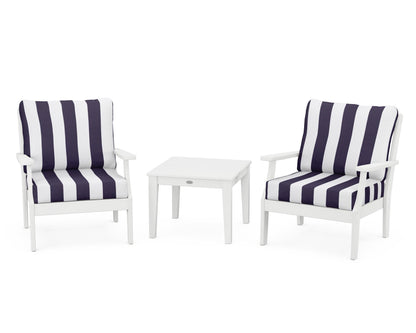 POLYWOOD® Braxton 3-Piece Deep Seating Set in White / Cabana Stripe Navy
