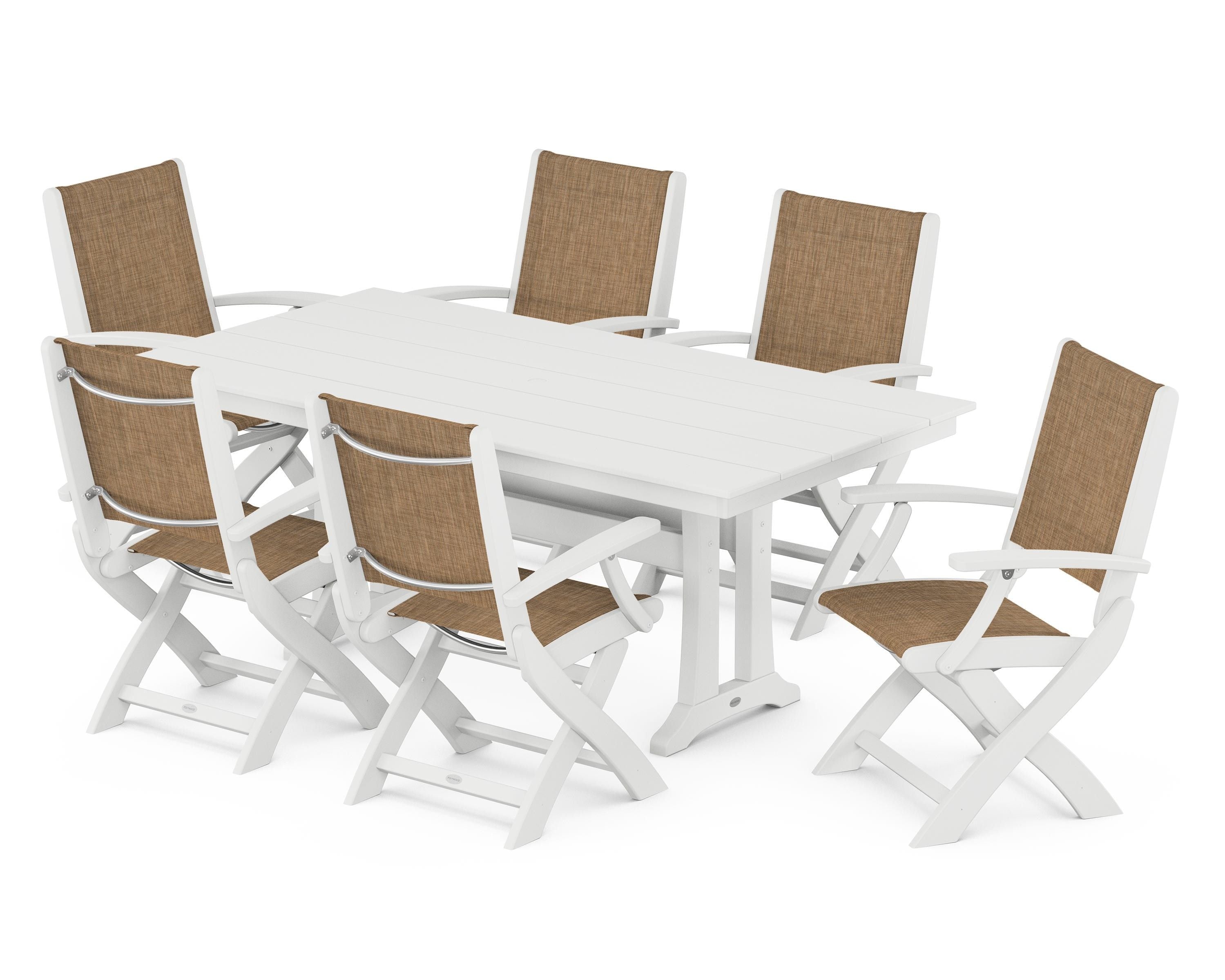 POLYWOOD® Coastal Folding Arm Chair 7-Piece Farmhouse Dining Set with Trestle Legs in White / Burlap Sling