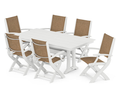 POLYWOOD® Coastal Folding Arm Chair 7-Piece Farmhouse Dining Set with Trestle Legs in White / Burlap Sling