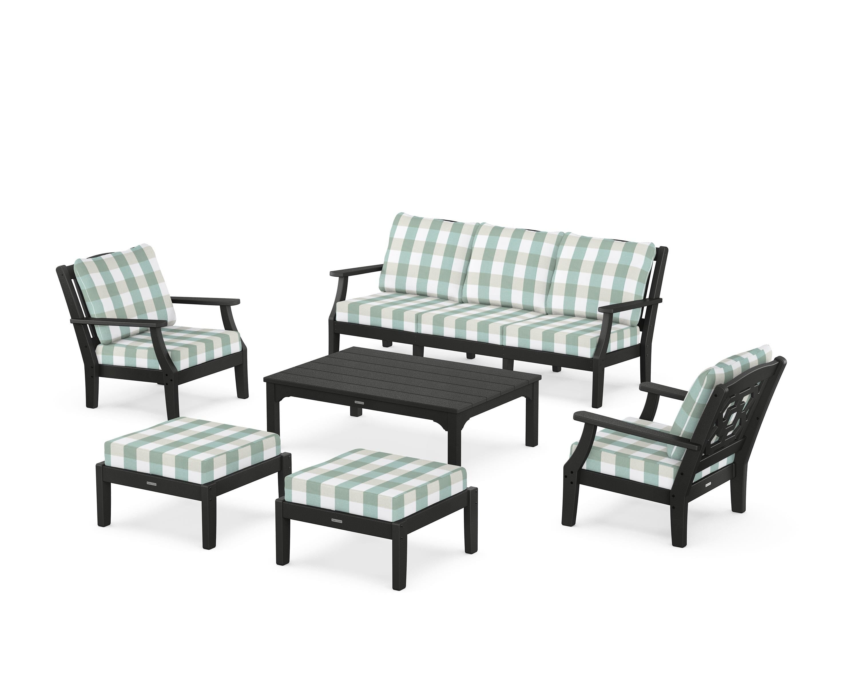 Martha Stewart by POLYWOOD® Chinoiserie 6-Piece Lounge Sofa Set in Black / Buffalo Plaid Glacier Spa