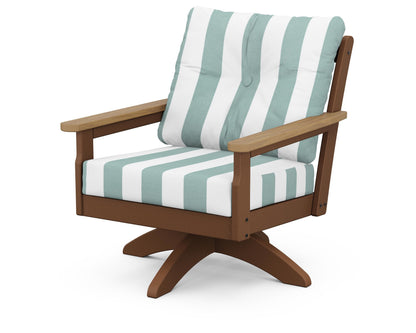 POLYWOOD® Vineyard Deep Seating Swivel Chair in Teak / Natural / Cabana Stripe Glacier Spa