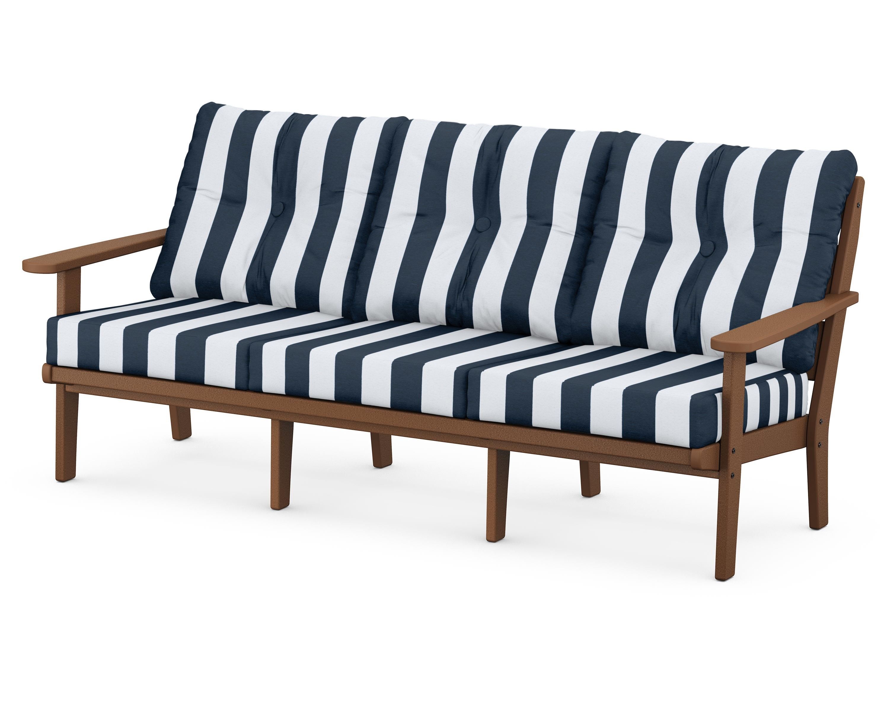 POLYWOOD® Lakeside Deep Seating Sofa in Teak / Cabana Stripe Marine Indigo