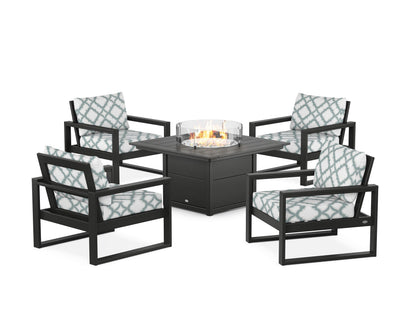 POLYWOOD® EDGE Sectional 5-Piece Deep Seating Set with Fire Pit Table in Black / Trellis Glacier Spa