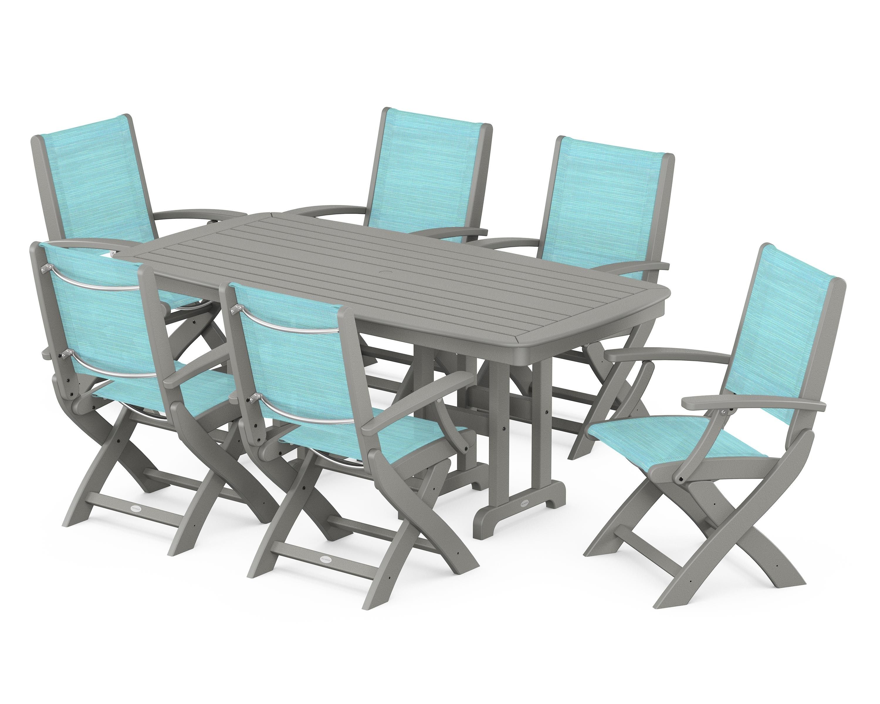 POLYWOOD® Coastal Folding Arm Chair 7-Piece Dining Set in Slate Grey / Dupioni Aquamarine Sling