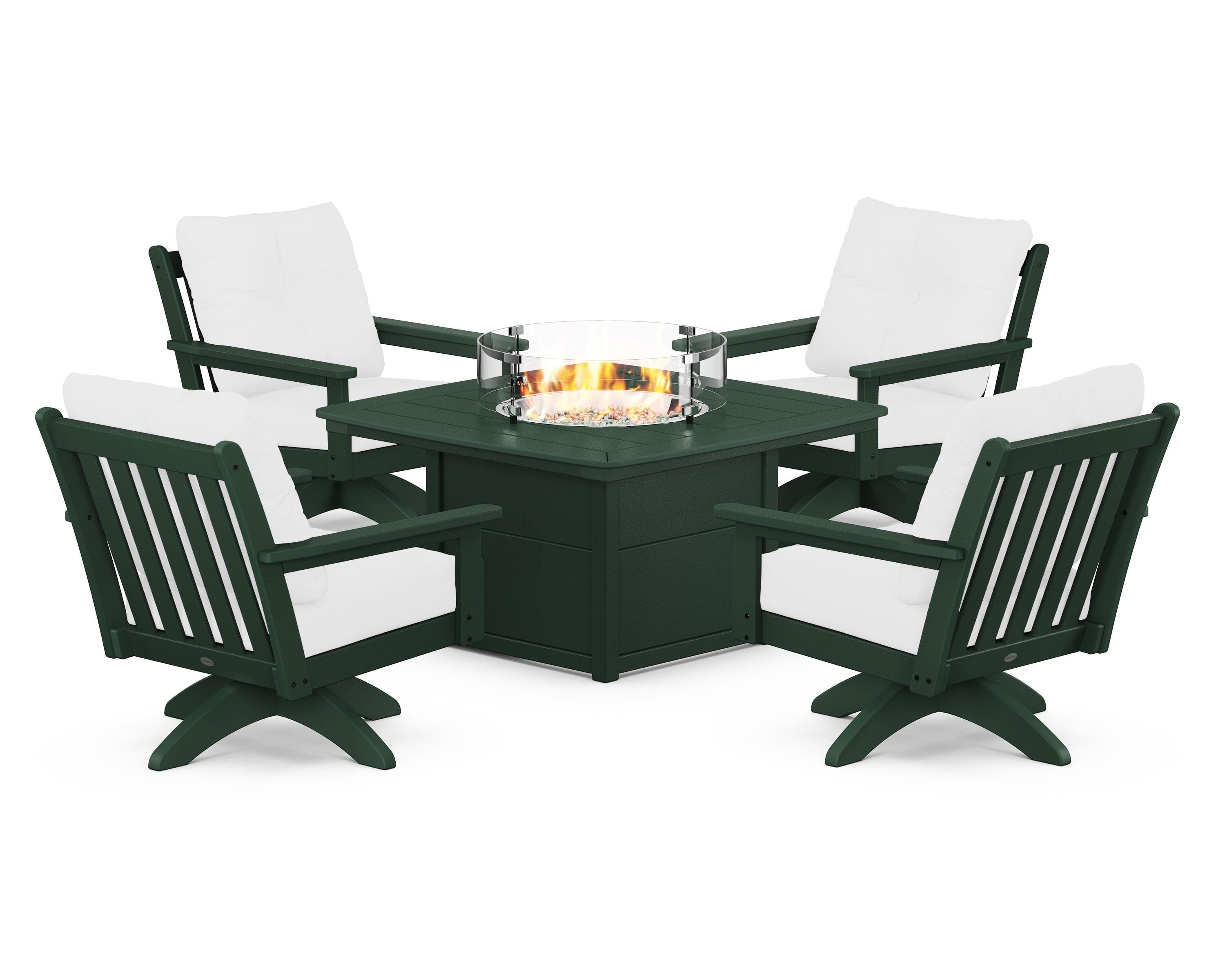POLYWOOD® Vineyard 5-Piece Deep Seating Swivel Conversation Set with Fire Pit Table in Green / Natural