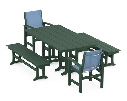 POLYWOOD® Coastal 5-Piece Farmhouse Dining Set in Green / Poolside Sling