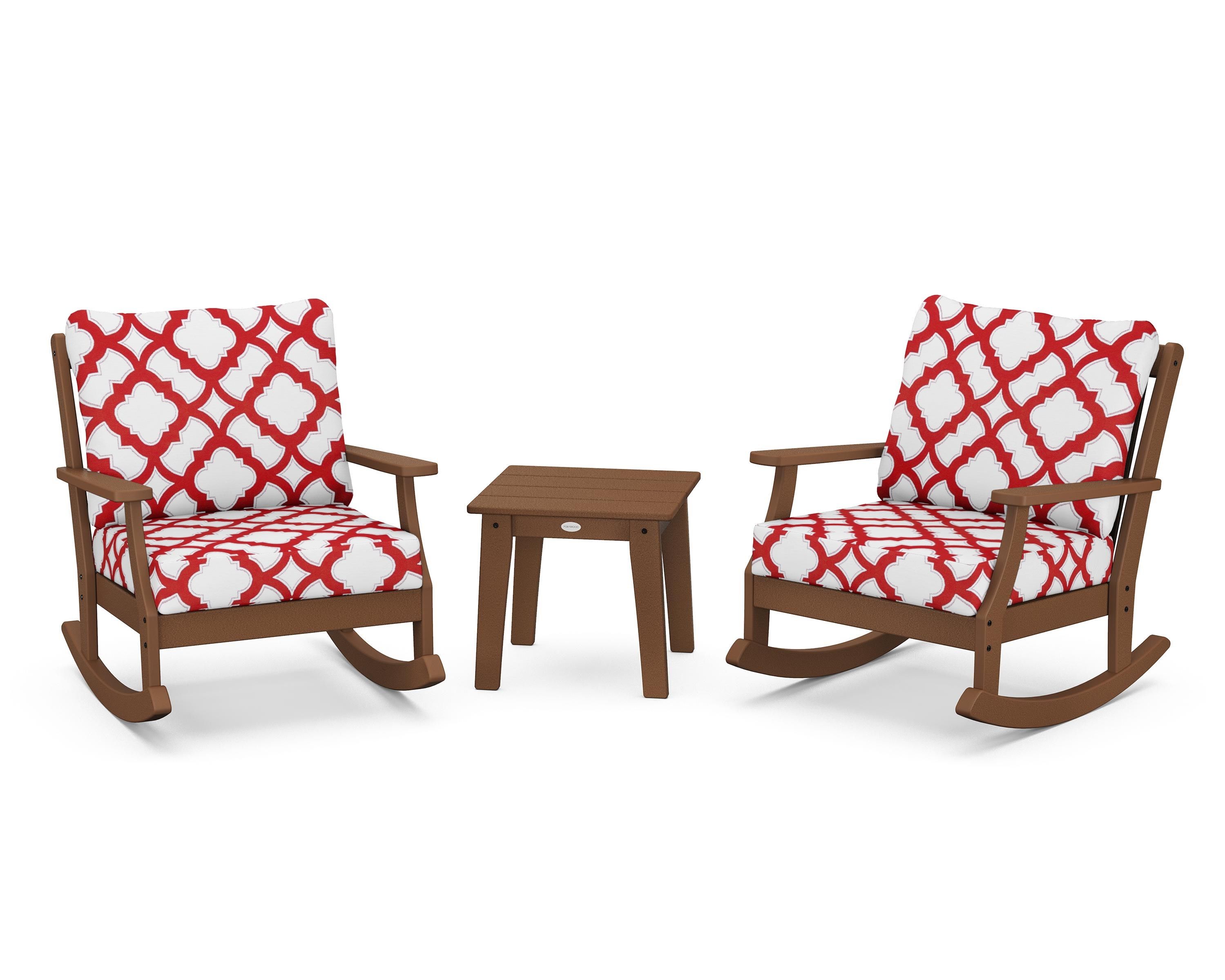 POLYWOOD® Braxton 3-Piece Deep Seating Rocker Set in Teak / Trellis Crimson