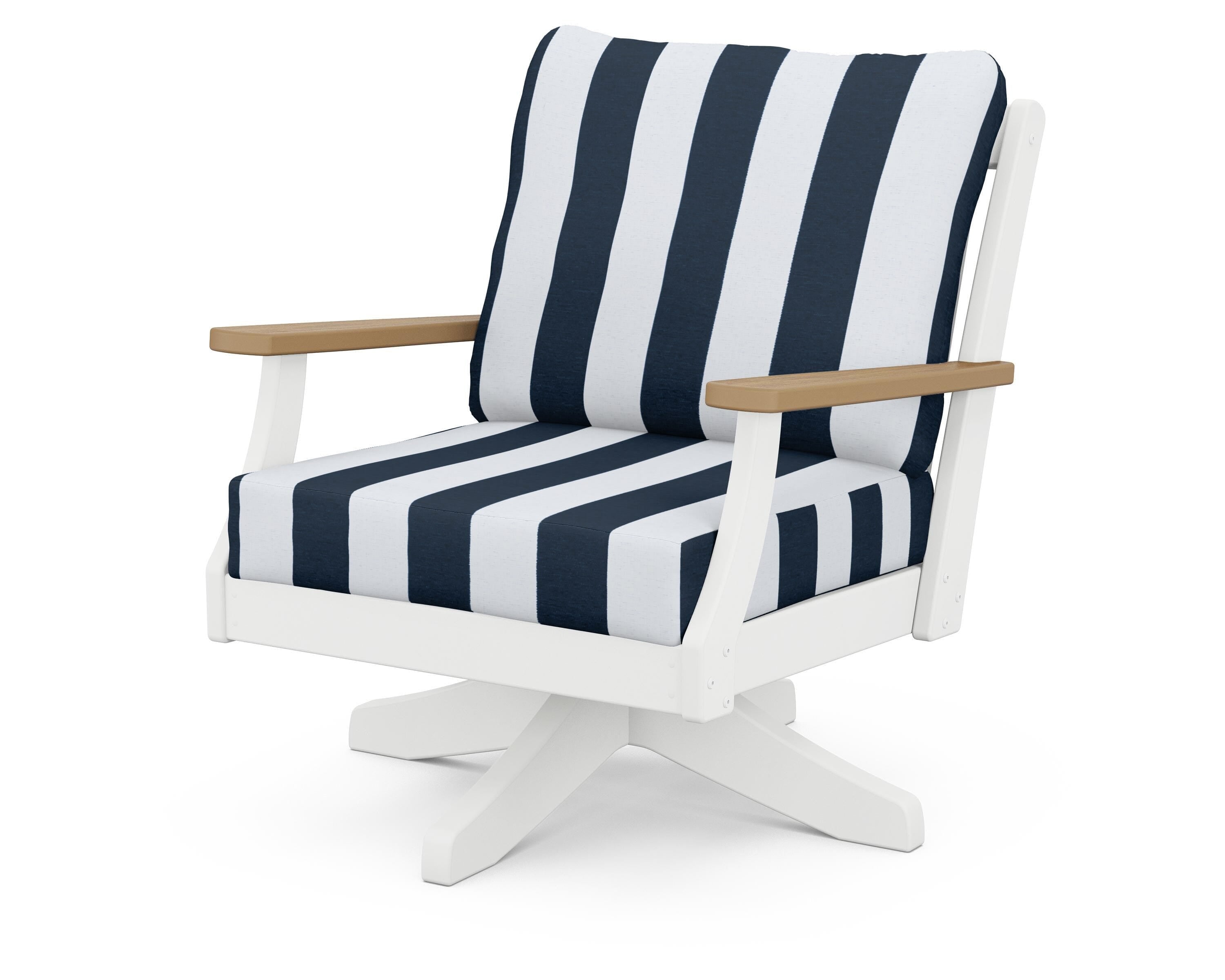 POLYWOOD® Braxton Deep Seating Swivel Chair in White / Natural / Cabana Stripe Marine Indigo