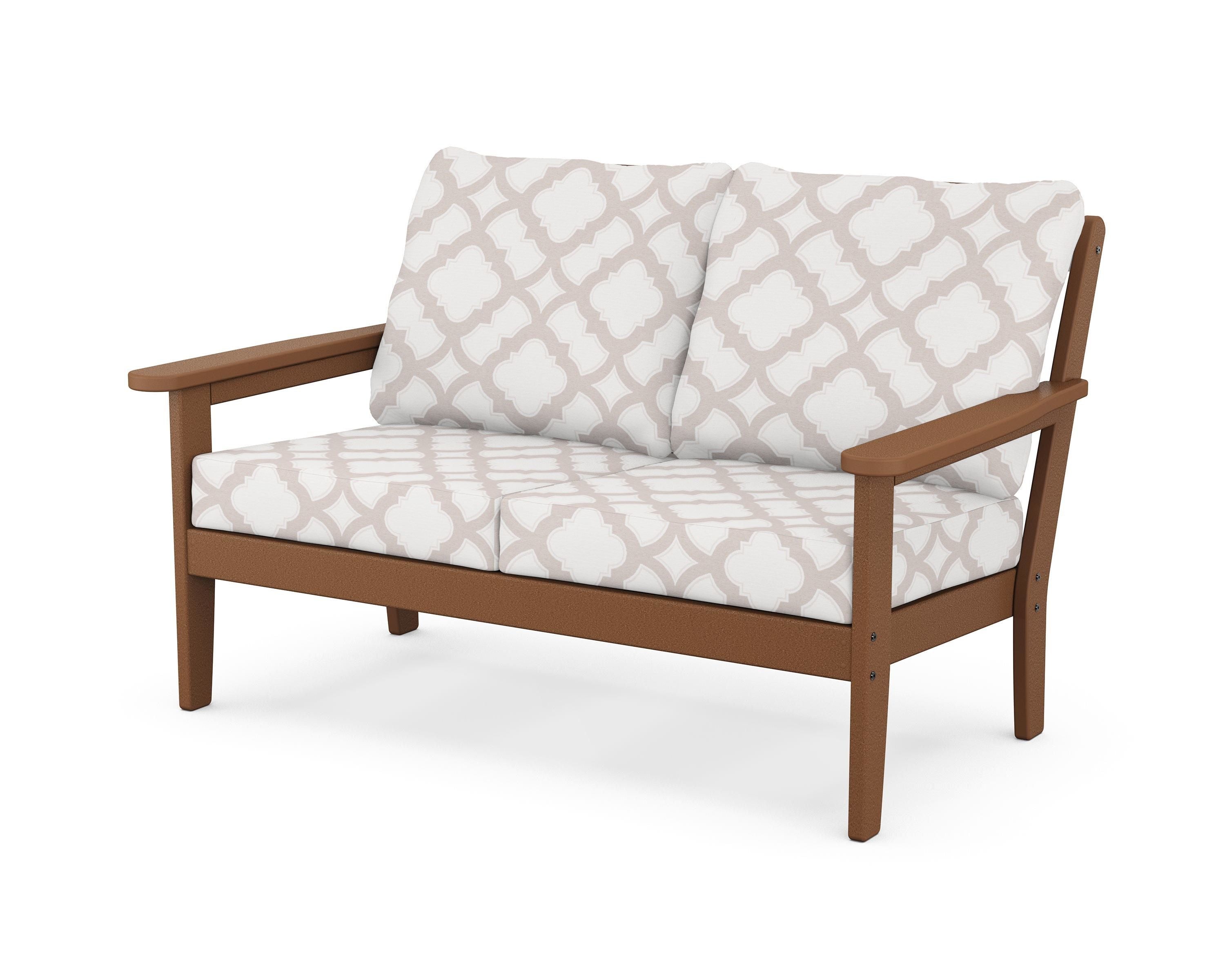 Country Living Cottage Deep Seating Loveseat in Teak / Trellis Dune Burlap