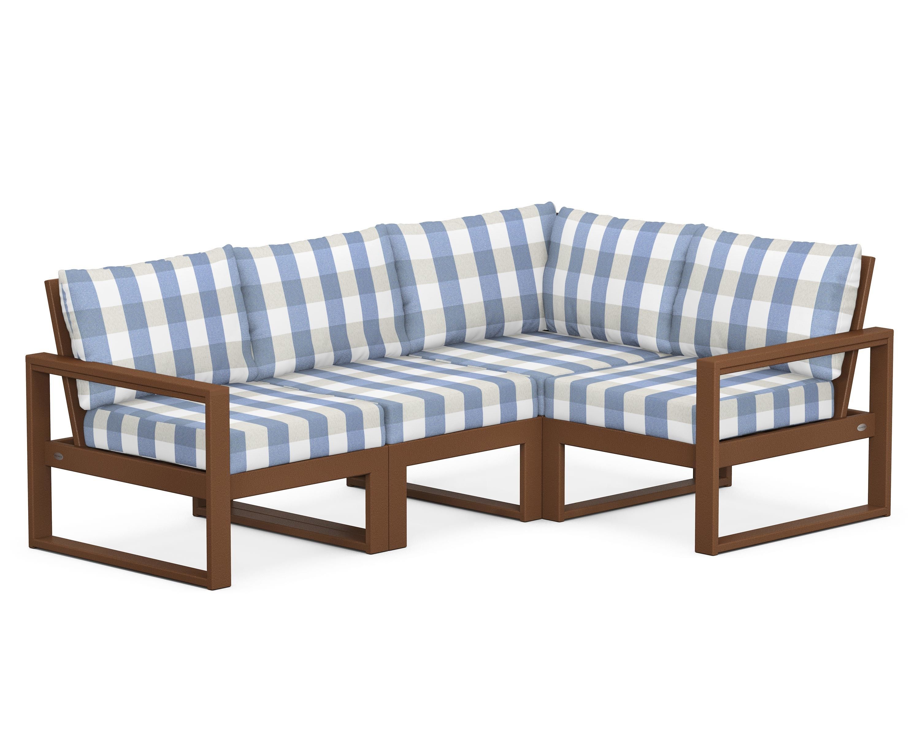 POLYWOOD® EDGE 4-Piece Modular Deep Seating Set in Teak / Buffalo Plaid Sky Blue