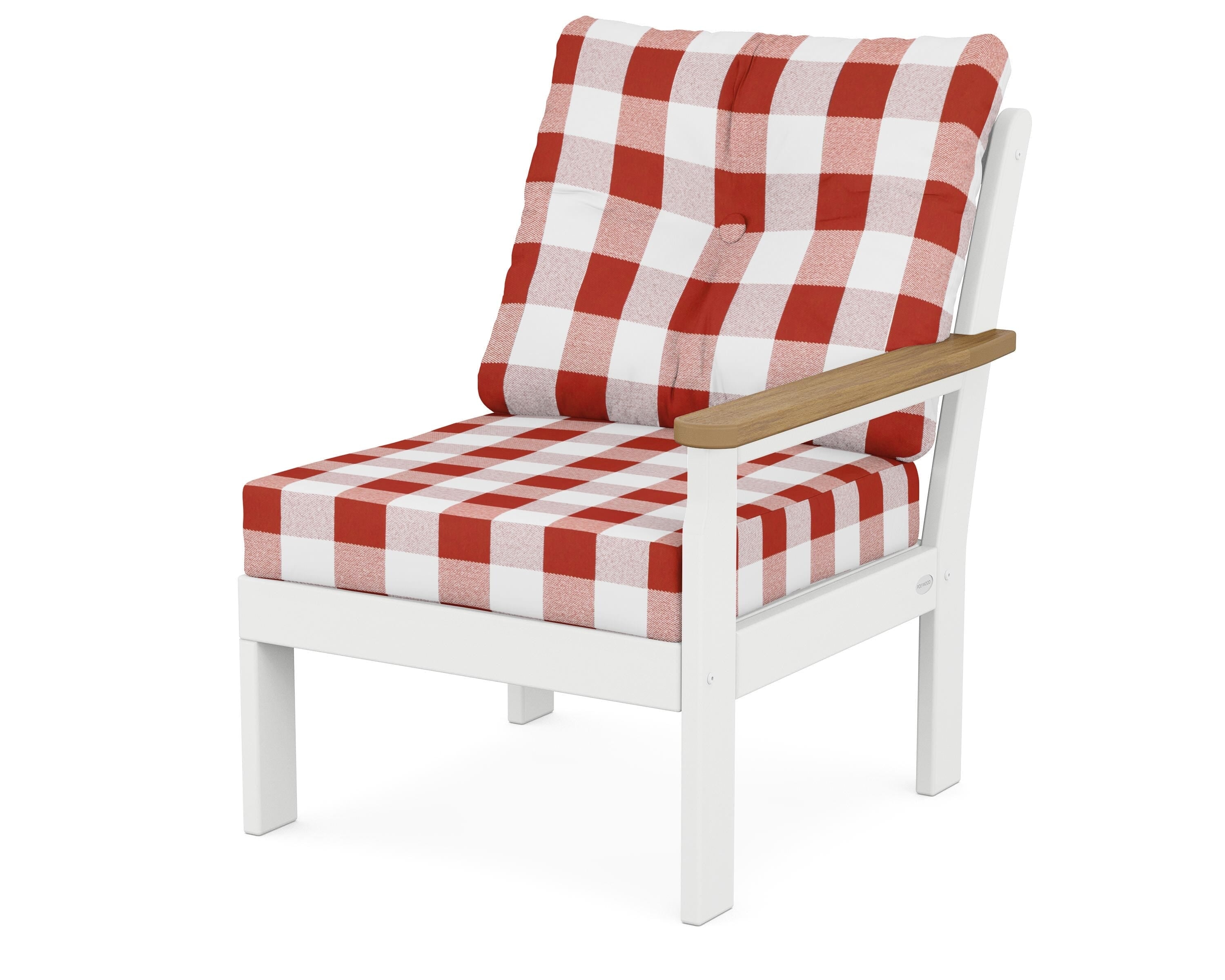 POLYWOOD® Vineyard Modular Right Arm Chair in White / Natural / Buffalo Plaid Crimson