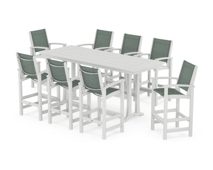 POLYWOOD® Coastal 9-Piece Farmhouse Bar Set with Trestle Legs in White / Dupioni Sea Mist Sling