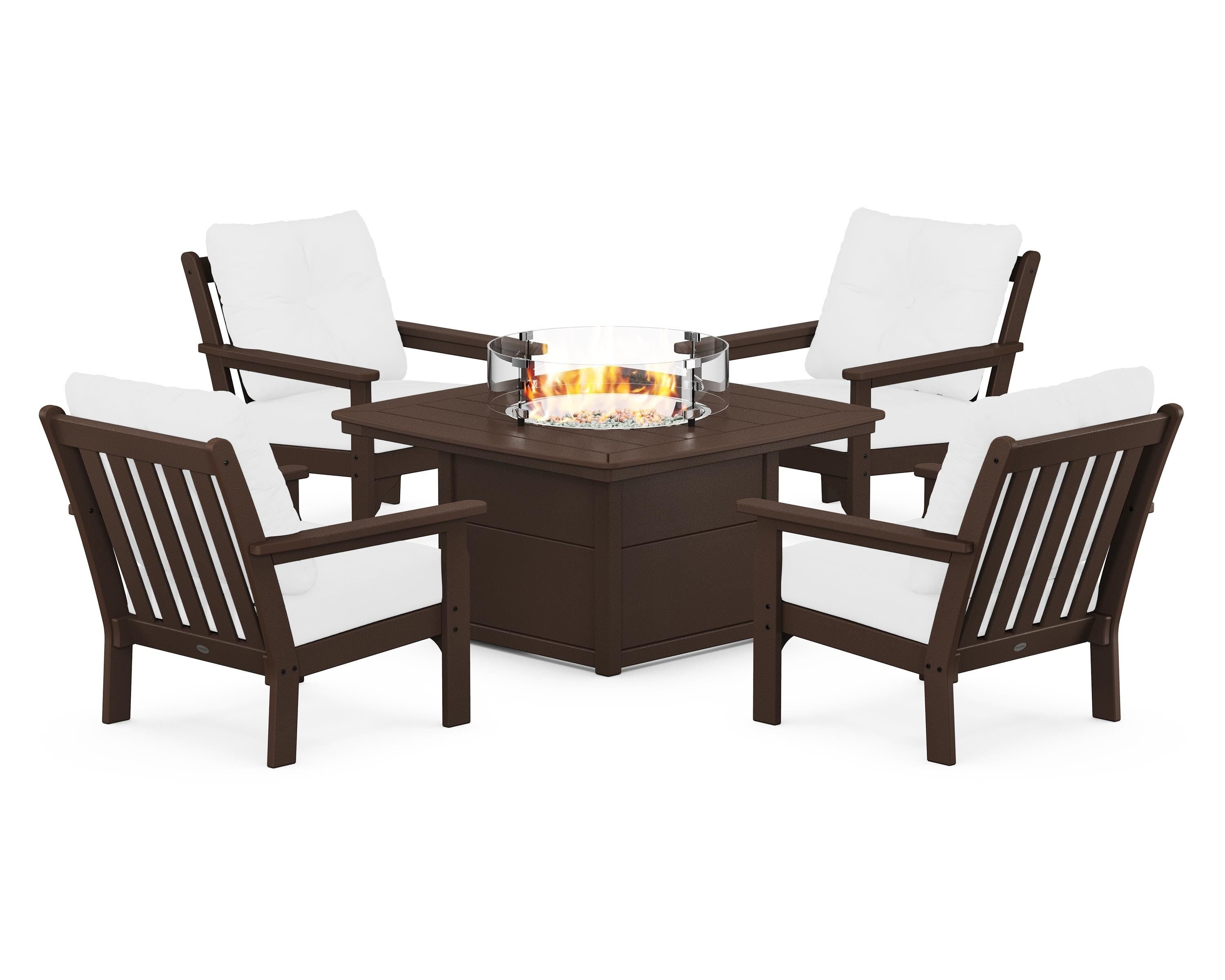 POLYWOOD® Vineyard 5-Piece Conversation Set with Fire Pit Table in Mahogany / Natural