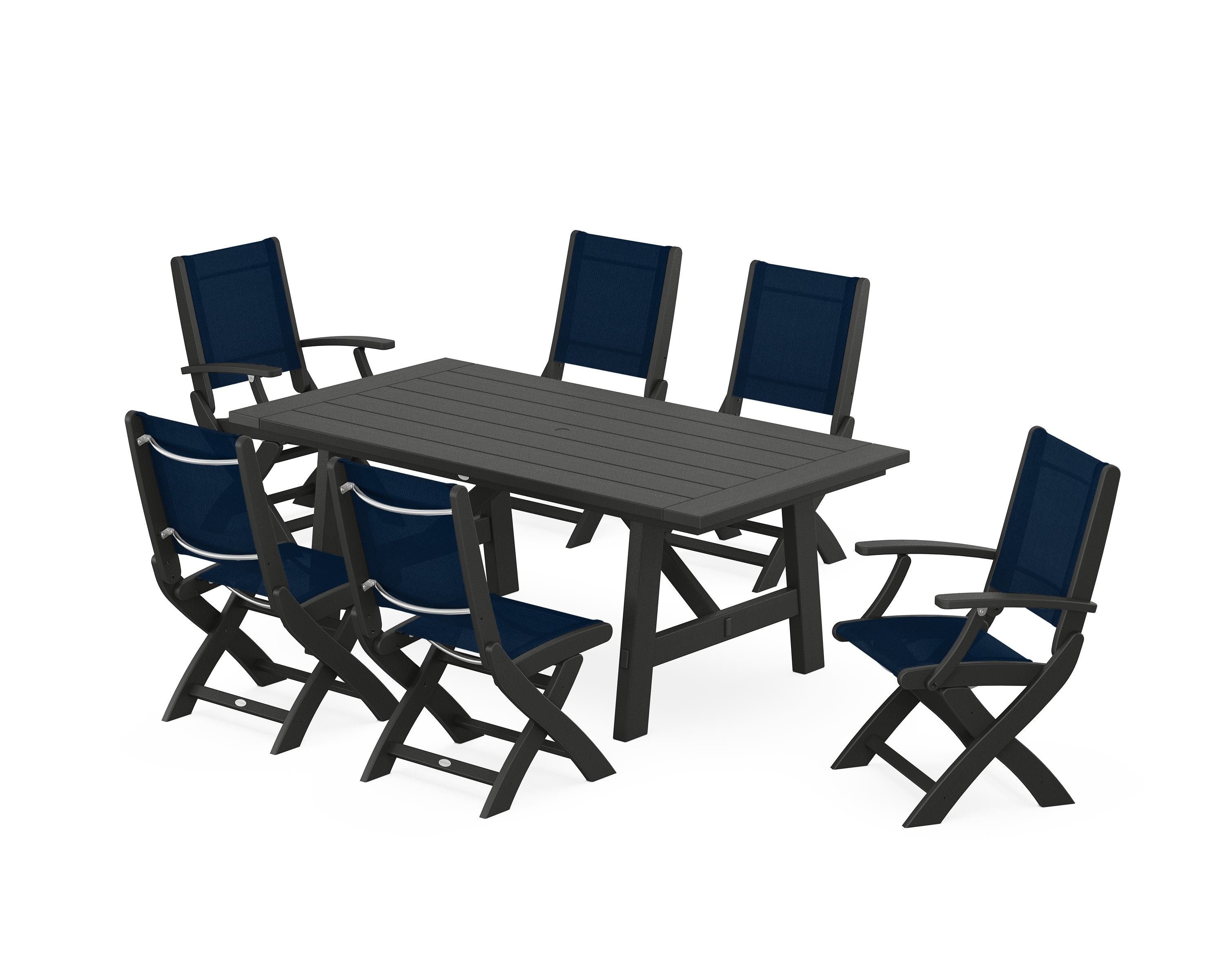 POLYWOOD® Coastal Folding Chair 7-Piece Rustic Farmhouse Dining Set in Black / Navy Blue Sling