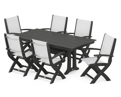 POLYWOOD® Coastal Folding Arm Chair 7-Piece Farmhouse Dining Set with Trestle Legs in Black / White Sling